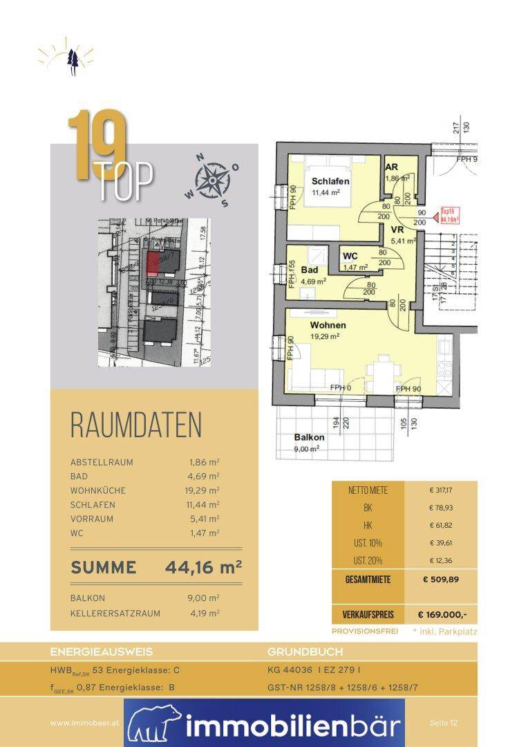 Detaillierter Grundriss mit Raumdaten, Energieausweis und Preisinformationen für Einheit 19.