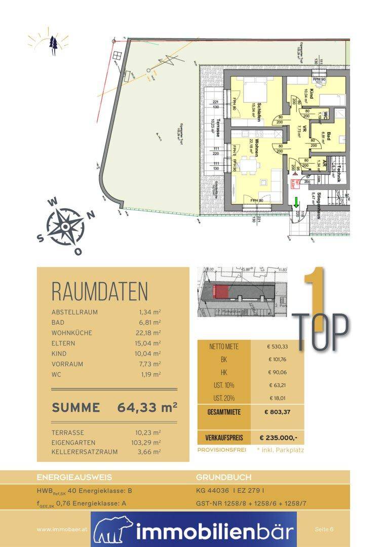 Detaillierter Grundriss mit Raumdaten, Energieausweis und Preisinformationen für Einheit 1.