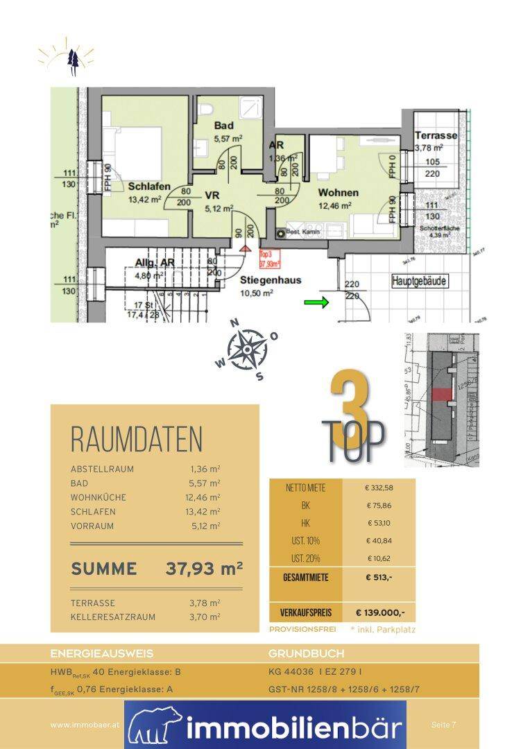 Detaillierter Grundriss mit Raumdaten, Energieausweis und Preisinformationen für Einheit 3.