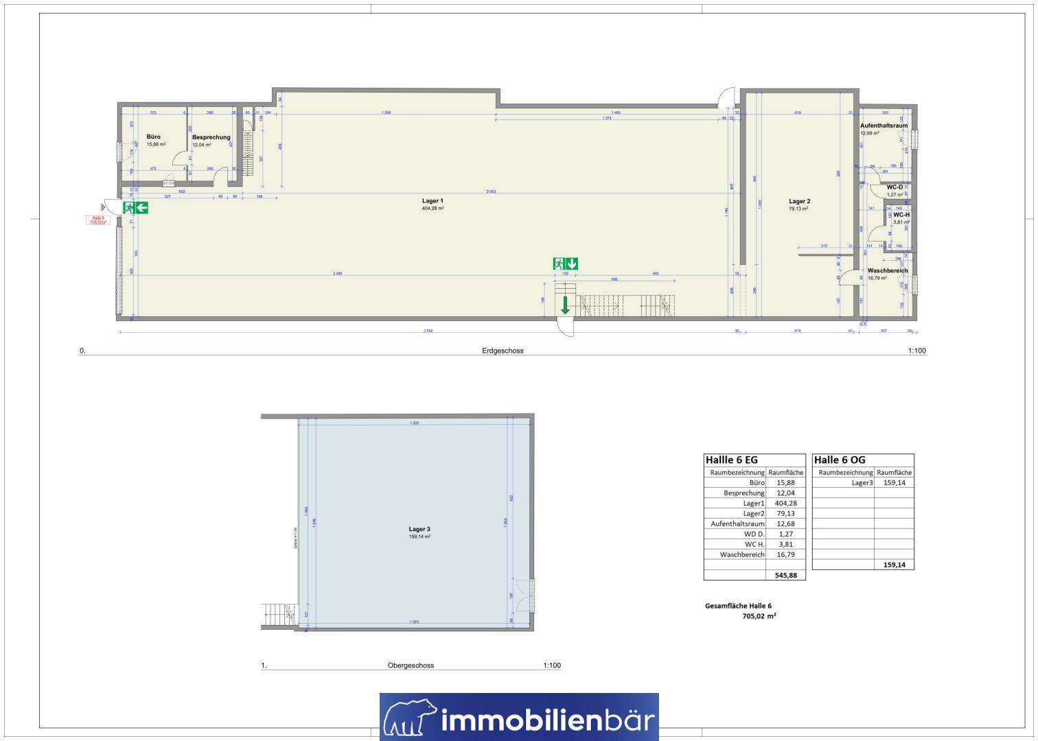 Grundriss der Halle 6 mit Erd- und Obergeschoss, inklusive Büros, Lagerflächen und Sanitärbereichen.