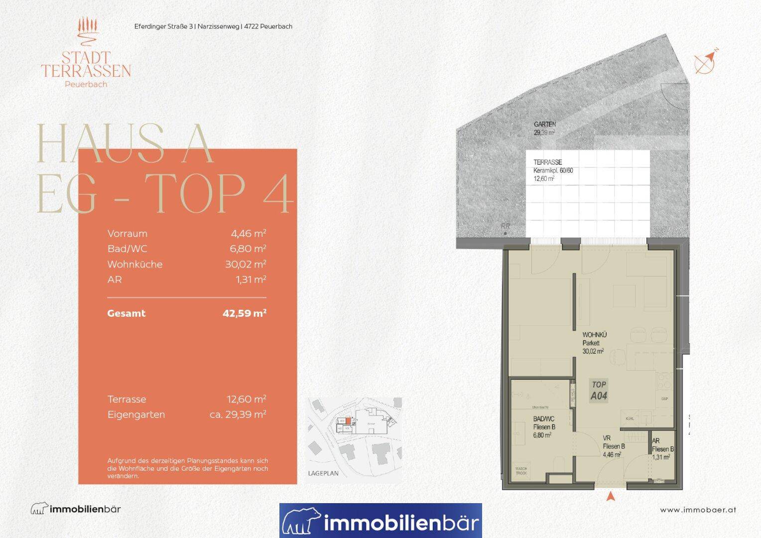Grundriss von Haus A, Top 4, mit Terrasse und eigenem Gartenbereich im Erdgeschoss.