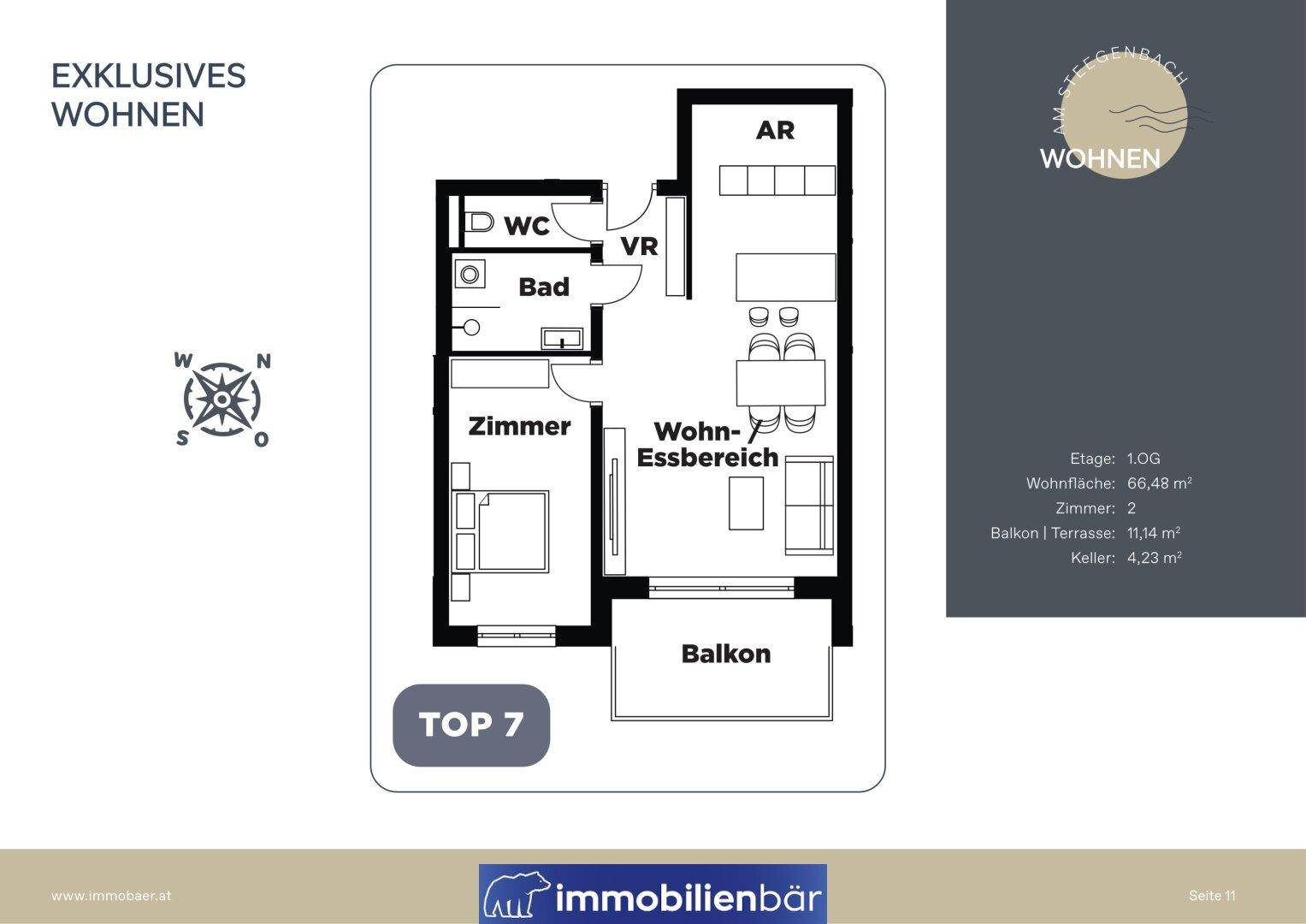 Grundriss von TOP 7 mit Wohn-Essbereich, Schlafzimmer, Bad, WC und Balkon.