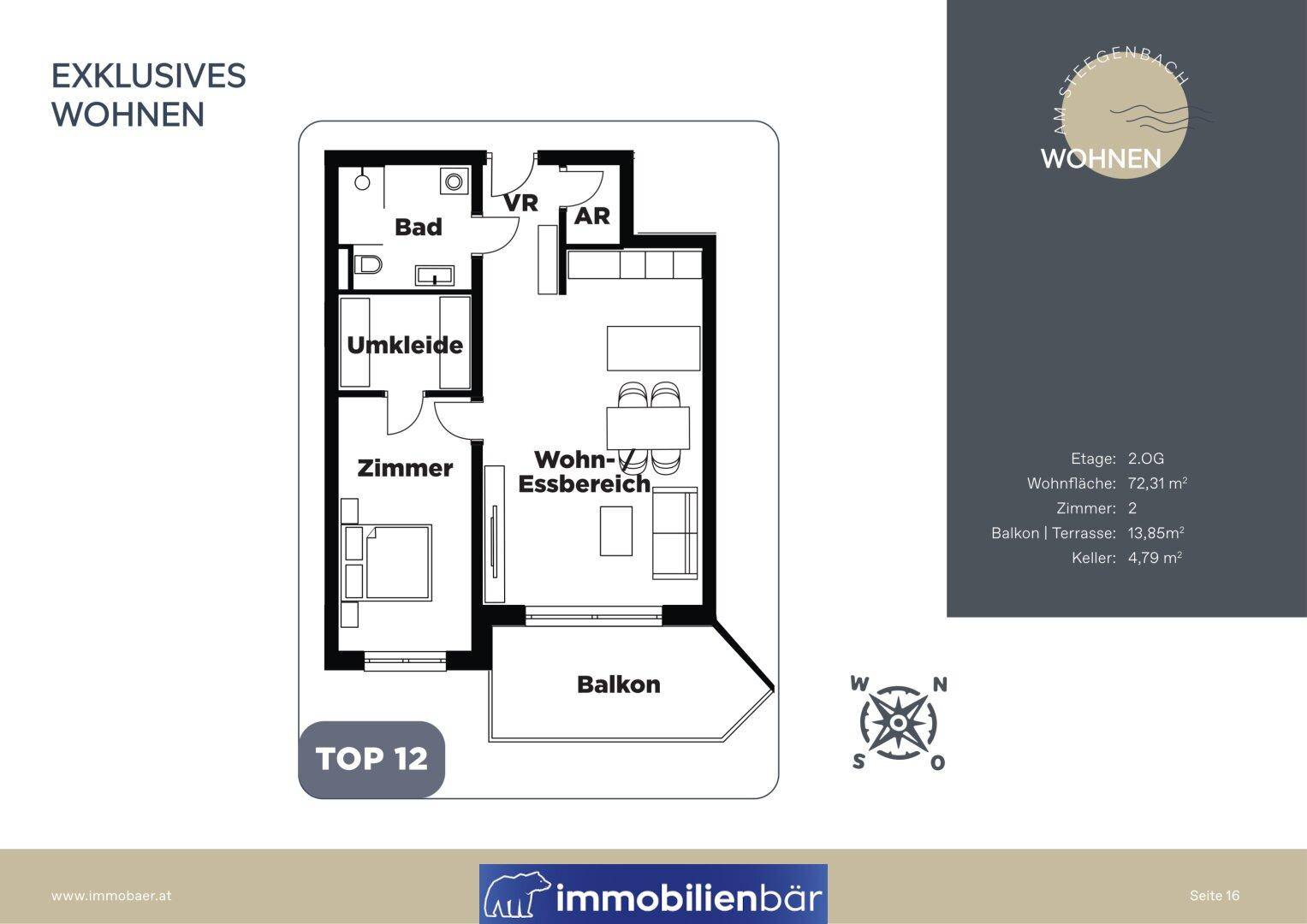 Grundriss der Wohnung TOP 12 mit Wohn-Essbereich, Schlafzimmer, Bad und Balkon.