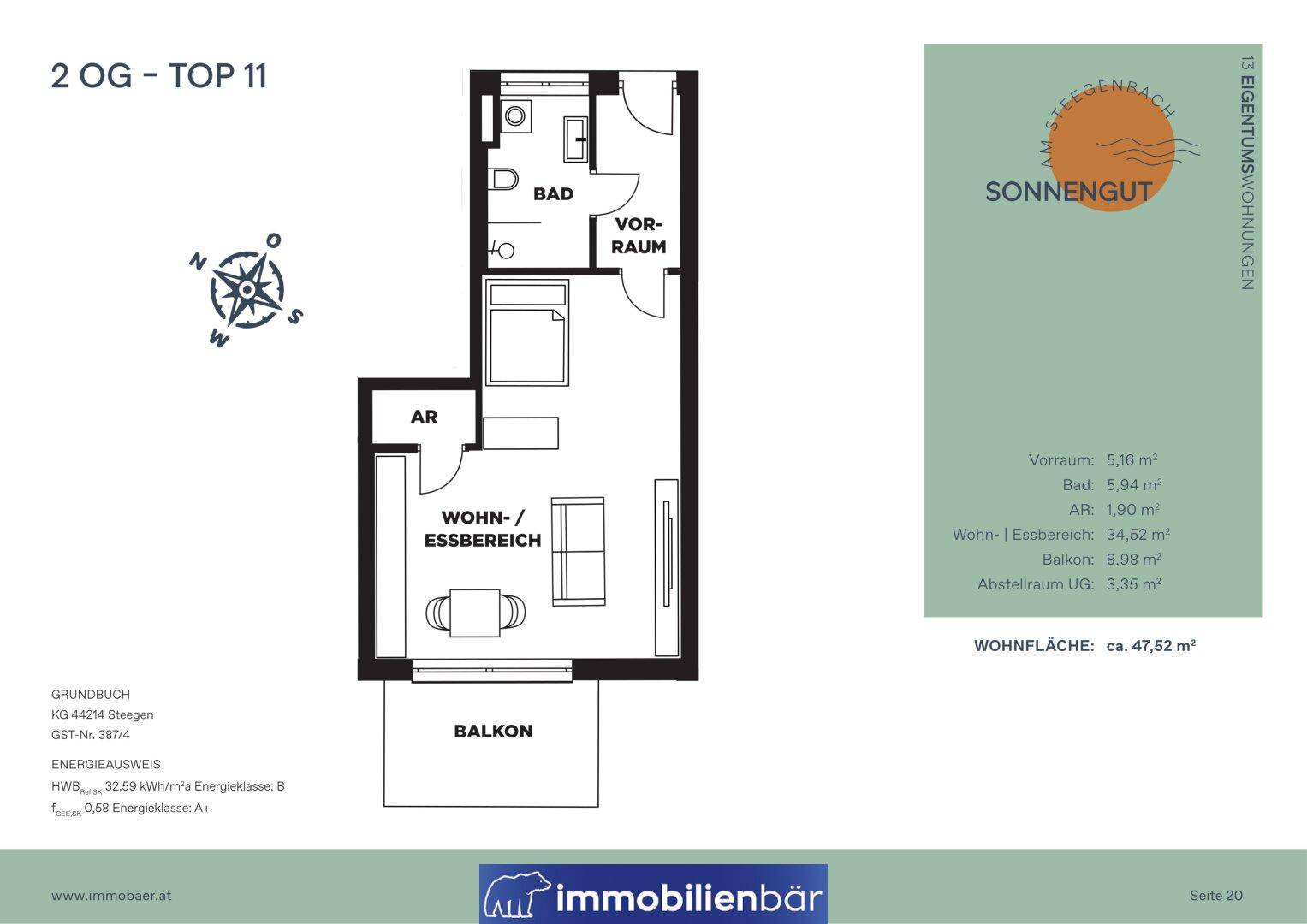 Grundriss einer Wohnung mit Wohn-/Essbereich, Bad, Vorraum und Balkon, Gesamtfläche 47,52 m².