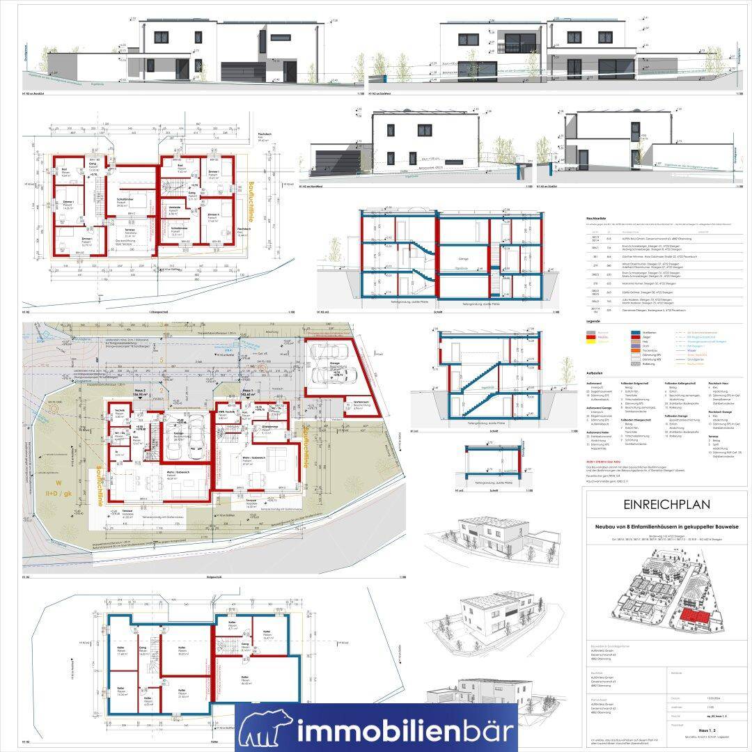 Umfassende architektonische Pläne mit Grundrissen, Ansichten und Schnitten für ein Bauprojekt.
