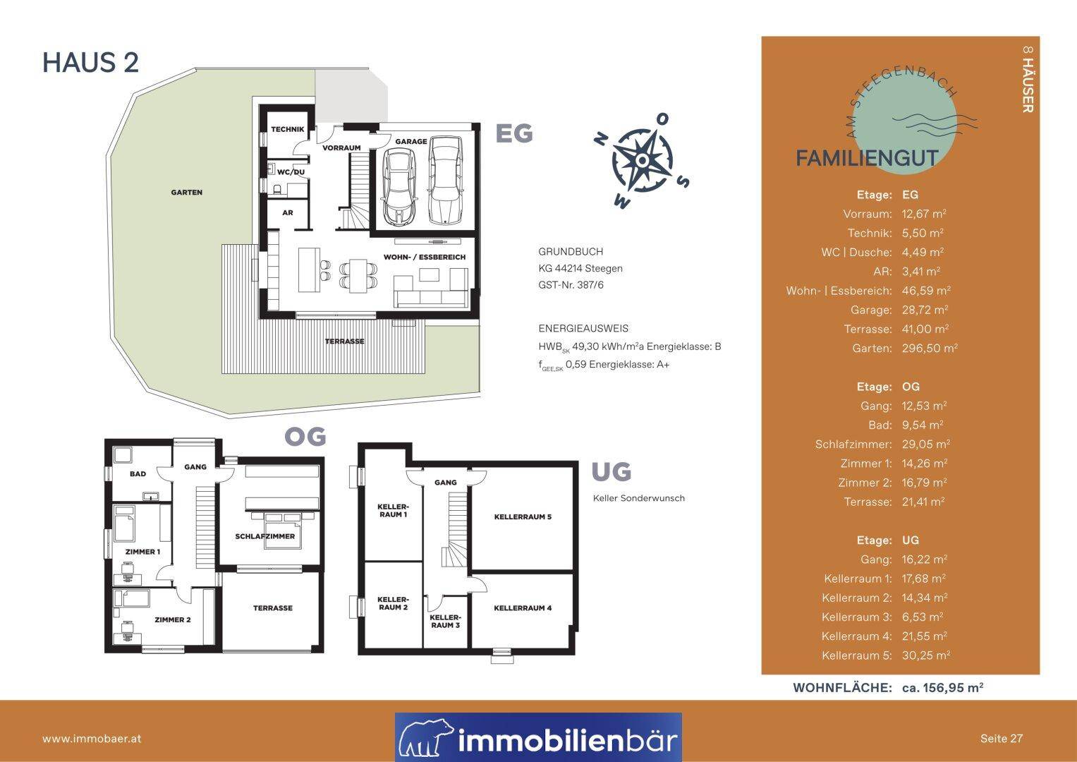 Detaillierter Grundriss von Haus 2 mit Erdgeschoss, Obergeschoss und Untergeschoss.