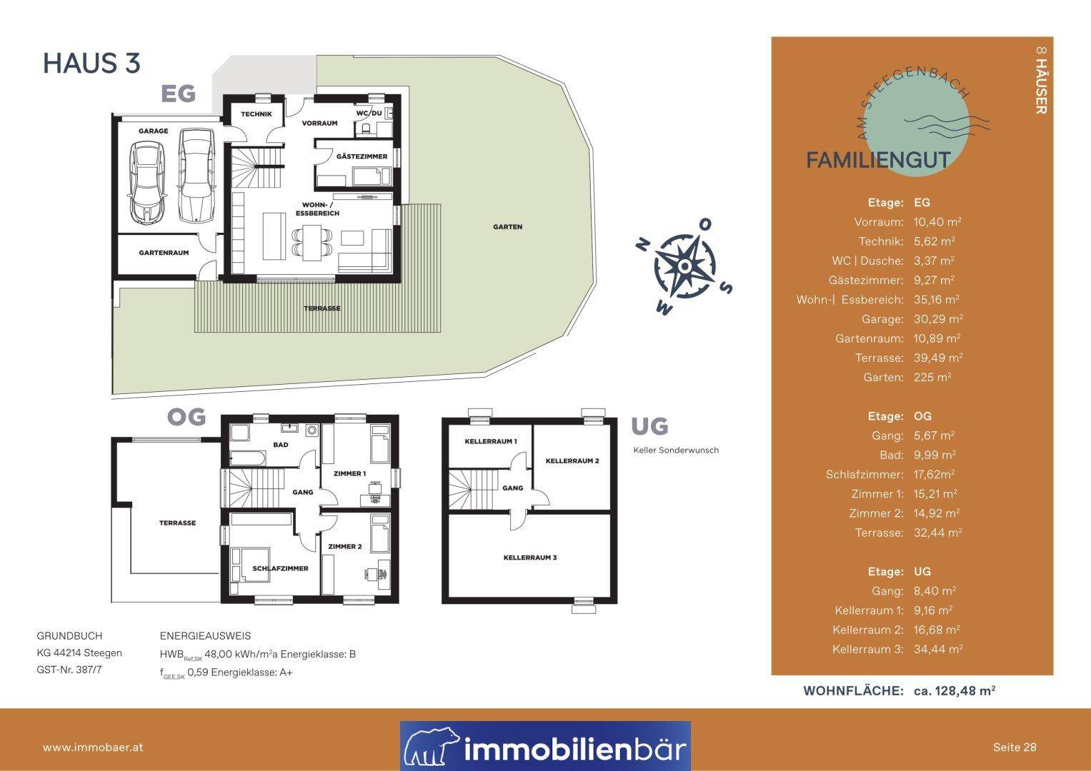 Detaillierter Grundriss von Haus 3 mit Erdgeschoss, Obergeschoss und Untergeschoss, inklusive Flächenangaben.
