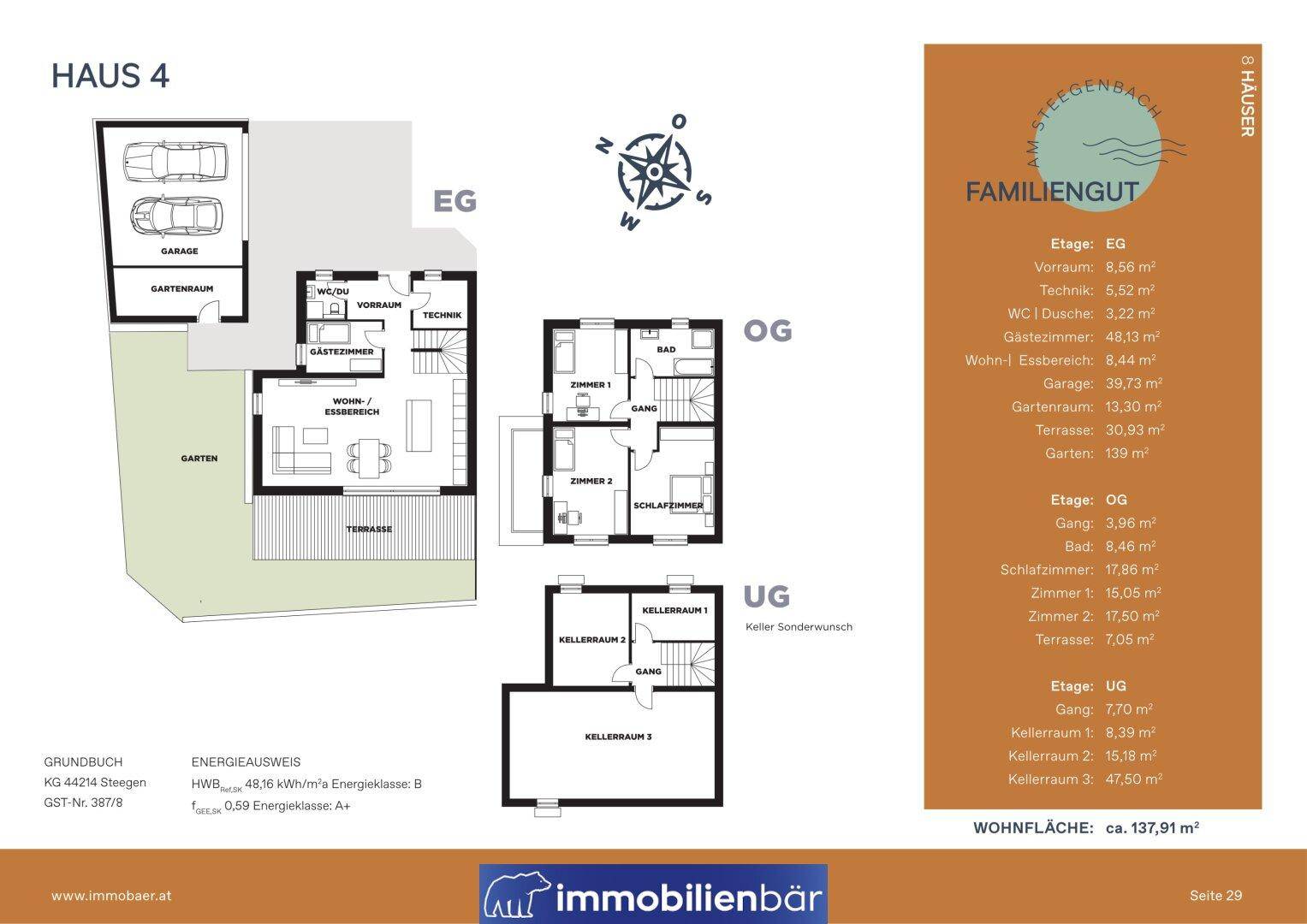 Detaillierter Grundriss von Haus 4 mit Erdgeschoss, Obergeschoss und Untergeschoss.