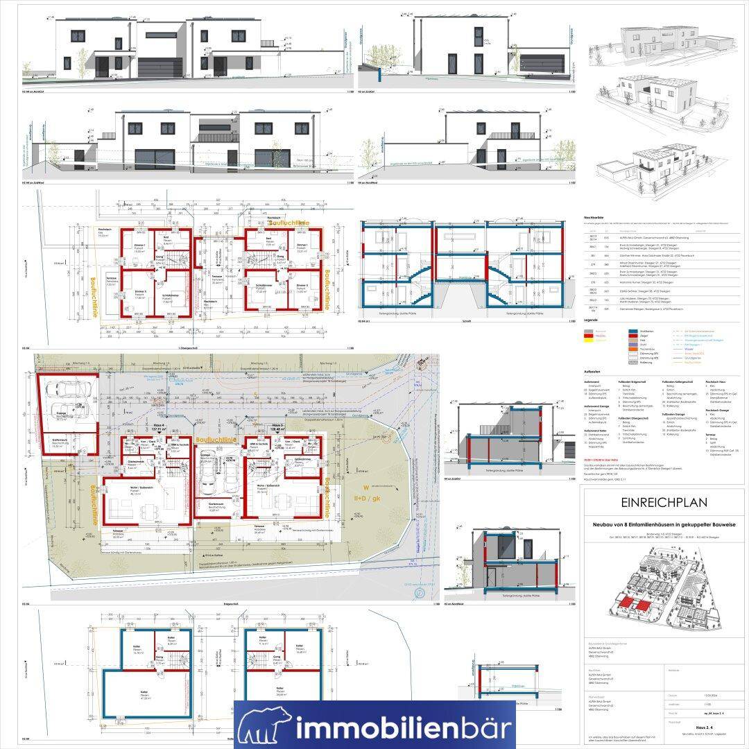 Umfassende Architektenpläne mit Grundrissen, Ansichten und Schnitten für die Einreichung.