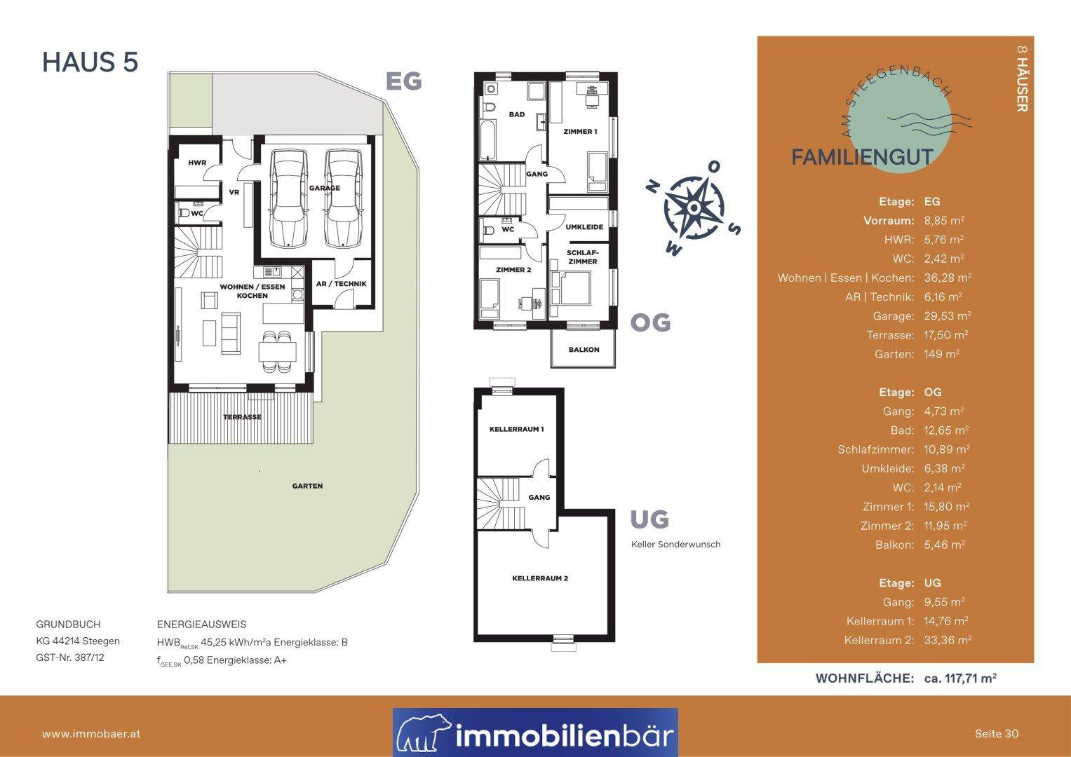 Detaillierter Grundriss von Haus 5 mit Erdgeschoss, Obergeschoss und Untergeschoss-Layouts.