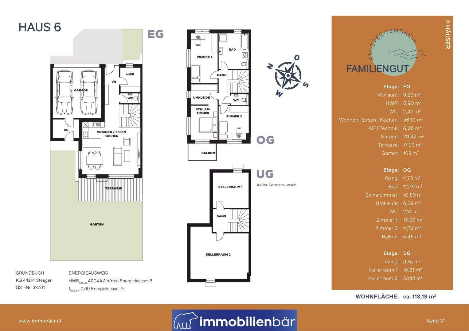 Detaillierter Grundriss von Haus 6 mit Erdgeschoss, Obergeschoss und Untergeschoss, inklusive Raumaufteilung.