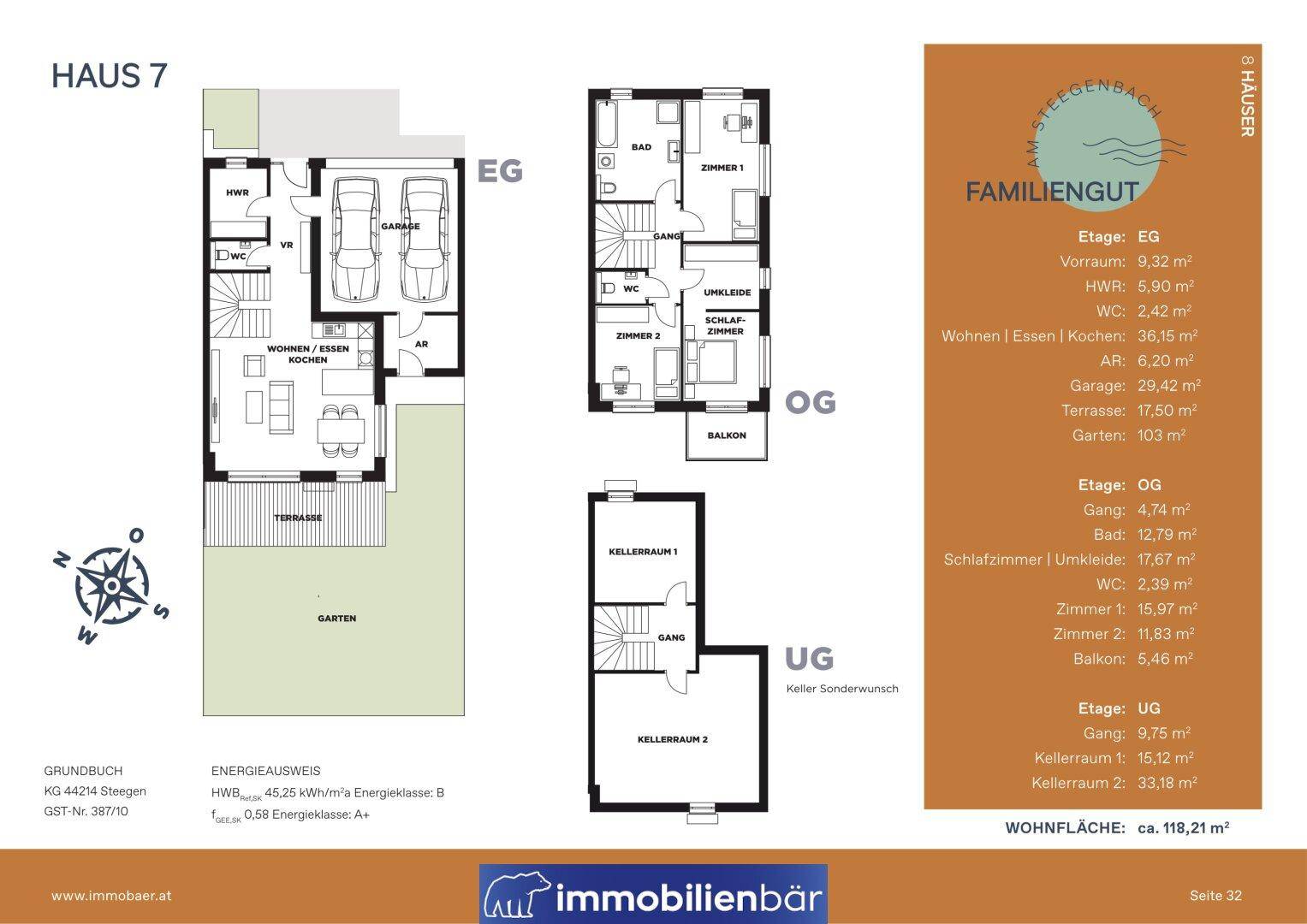 Detaillierter Grundriss für Haus 7 mit Erdgeschoss, Obergeschoss und Untergeschoss, inklusive Flächenübersicht.