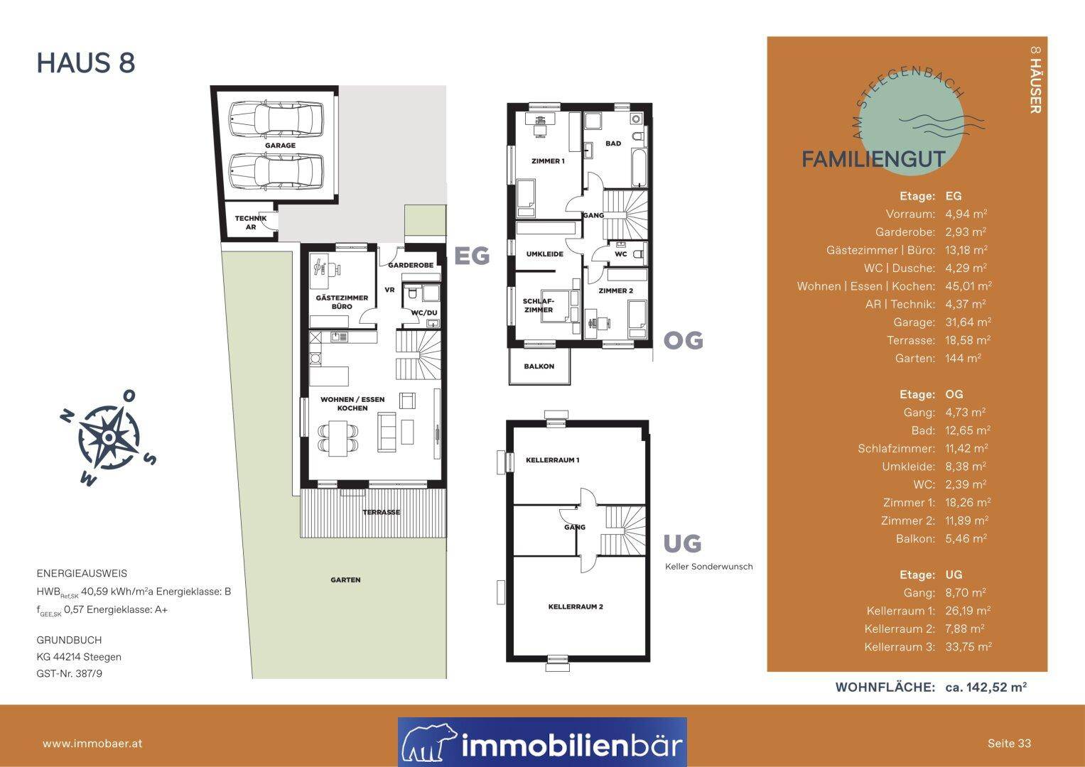 Detaillierter Grundriss von Haus 8 mit Erdgeschoss, Obergeschoss und Untergeschoss, inklusive Energieausweis.