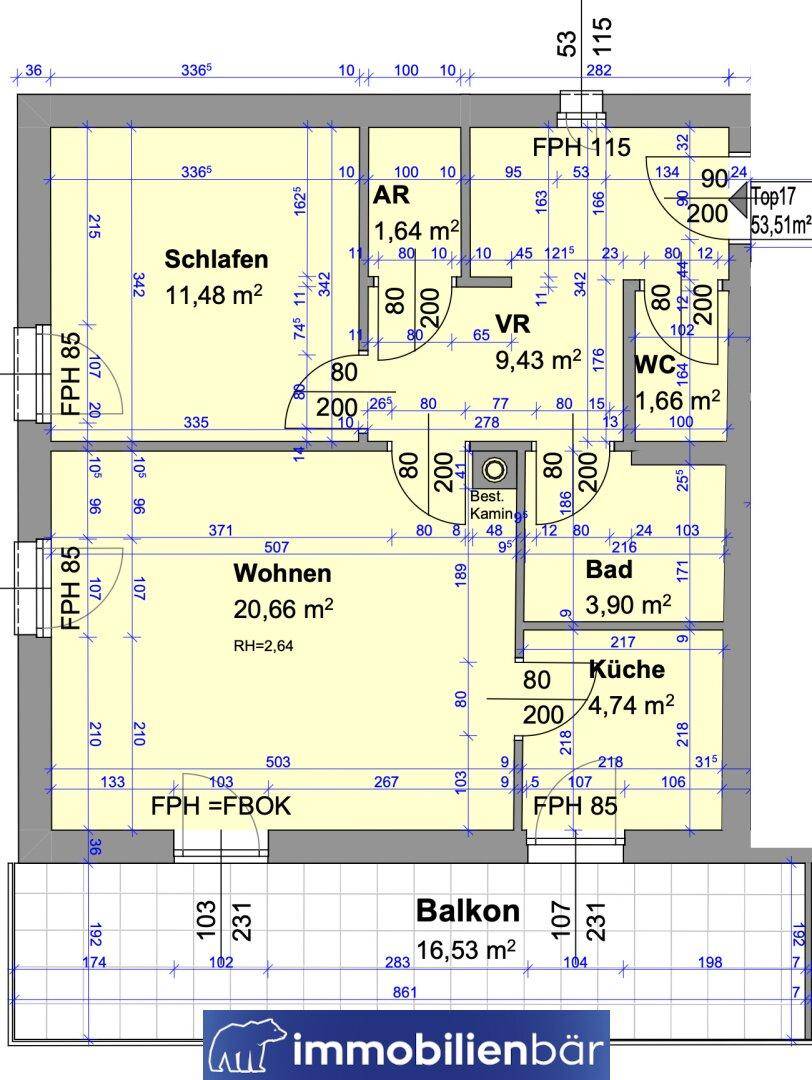 Detaillierter Grundriss einer Wohnung mit Balkon, Schlafzimmer, Wohnzimmer und separater Küche.