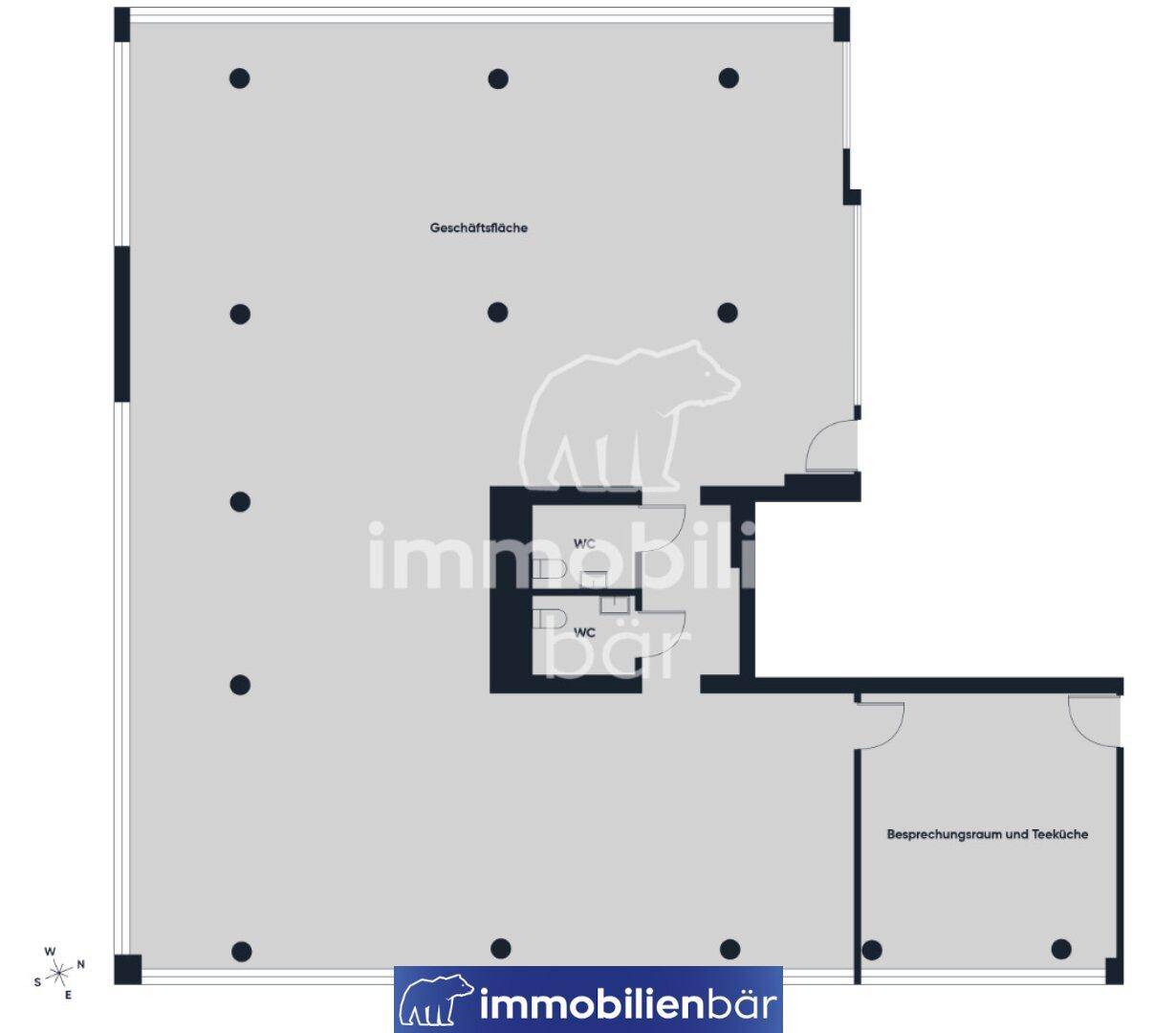 Grundriss einer Geschäftsfläche mit offenem Bereich, Besprechungsraum, Teeküche und separaten Toiletten für optimale Nutzung.