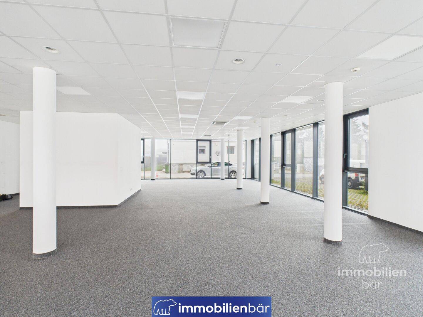 Weitläufiger Büroraum mit grauem Teppichboden und raumhohen Fenstern, die eine helle Atmosphäre schaffen und viel Platz für Arbeitsplätze bieten.