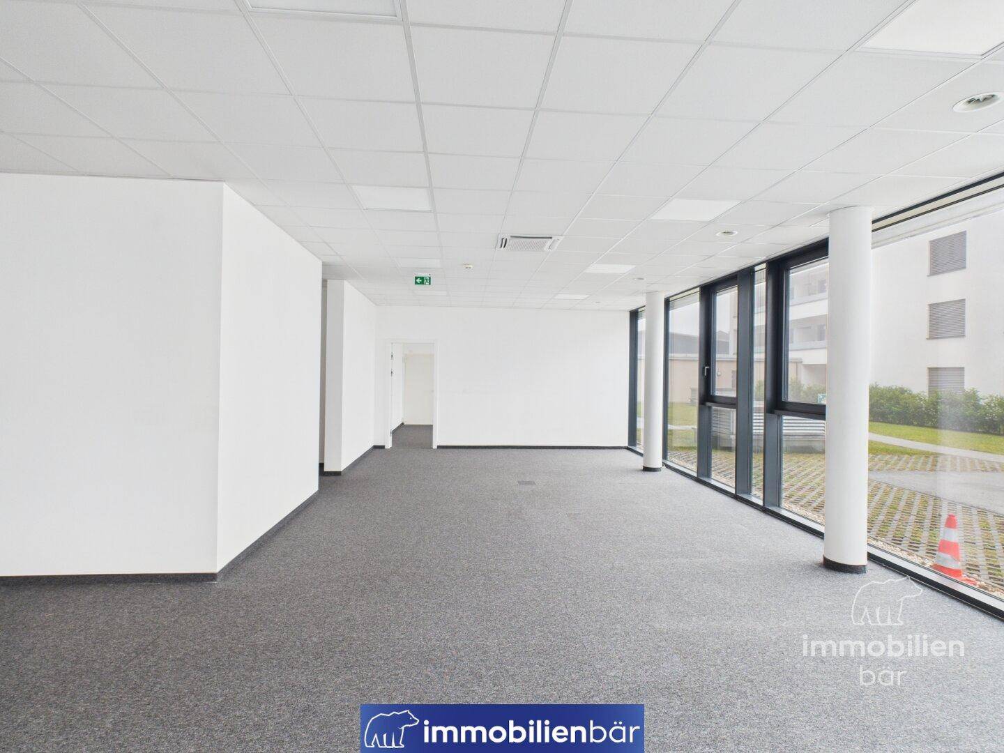 Moderner Büroraum mit Teppichboden, weißen Wänden und großen Fenstern, die den Blick auf die Umgebung freigeben und für Helligkeit sorgen.