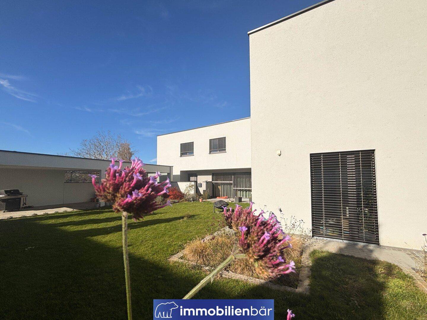 Sonniger Garten mit blühenden Pflanzen und Blick auf die moderne Architektur des Hauses.