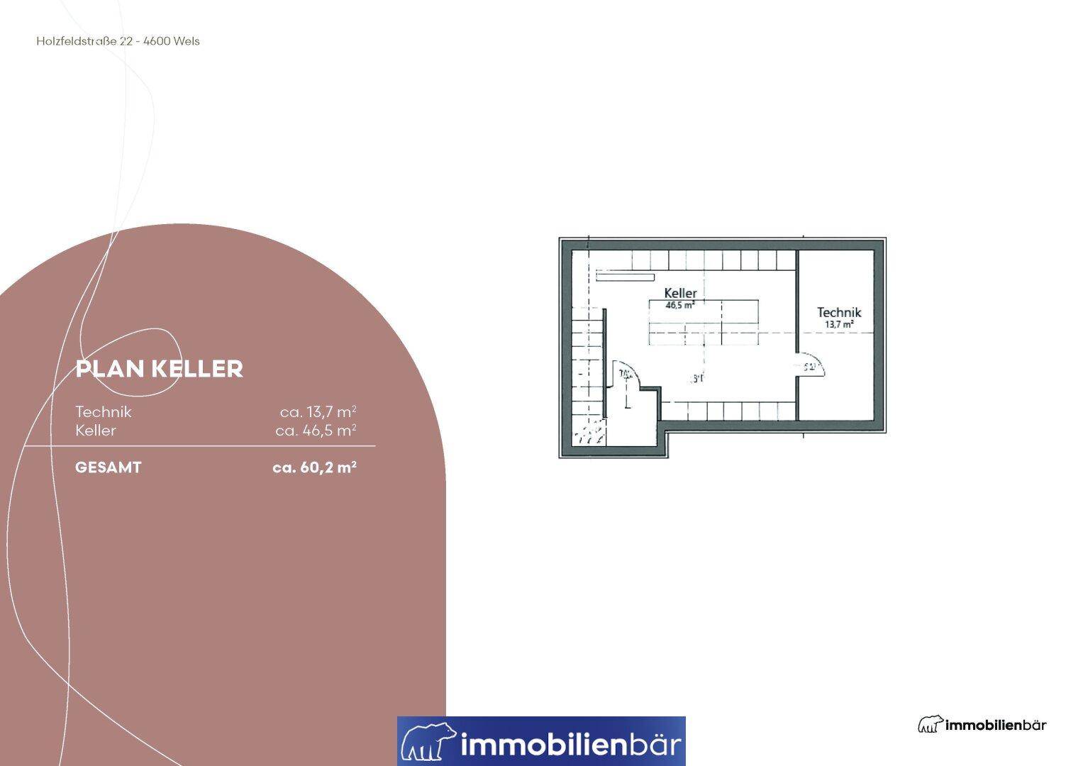 Grundriss des Kellers mit Technikraum und Lagerflächen, insgesamt ca. 60,2 m².
