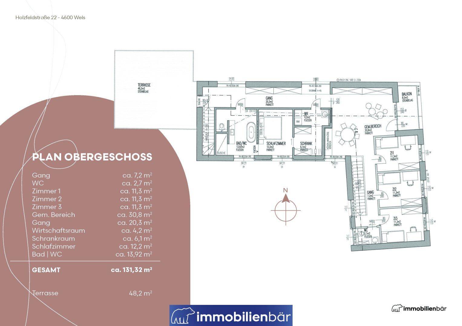 Grundriss des Obergeschosses mit Schlafzimmern, Bädern und großer Terrasse, ca. 131,32 m².