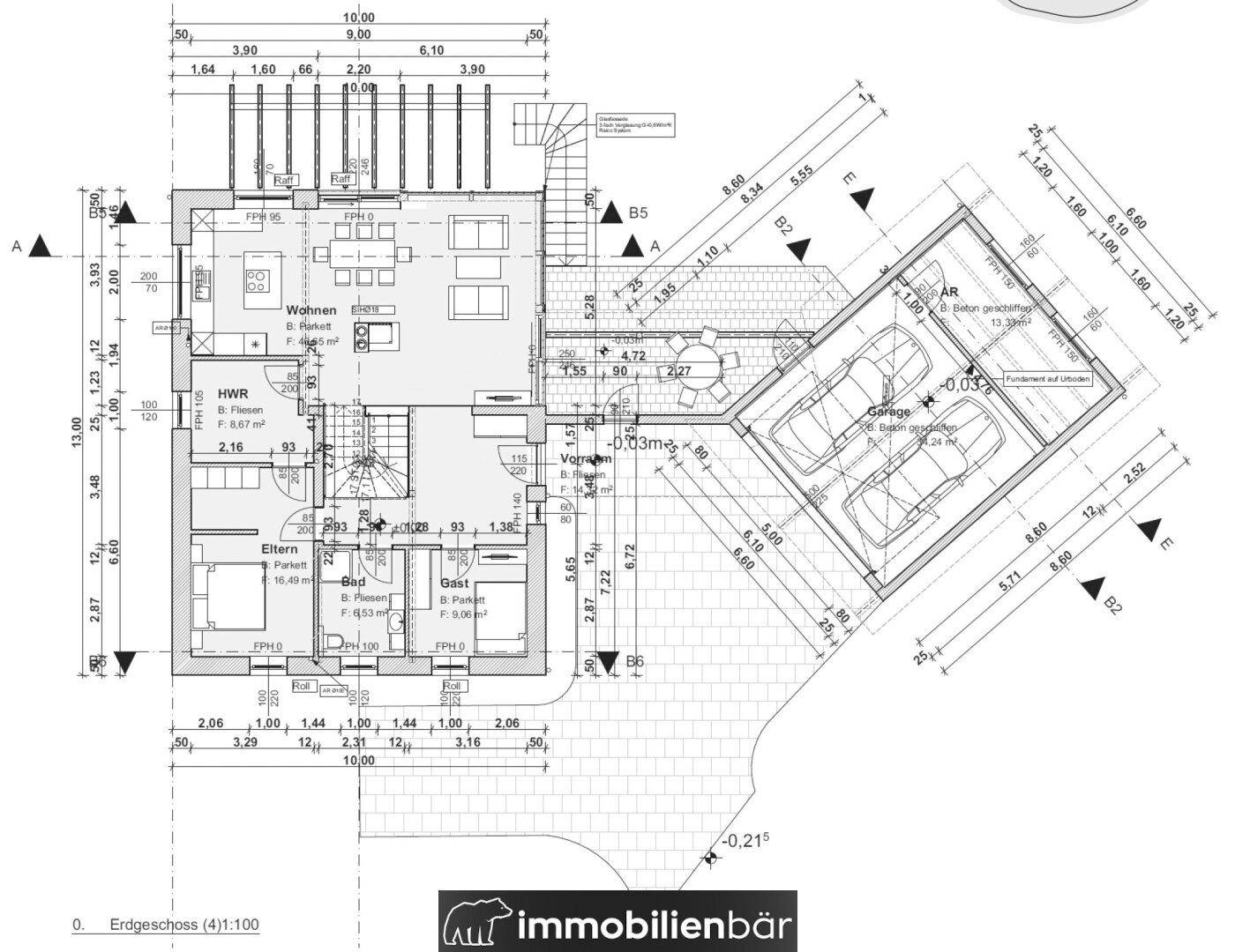 Grundriss des Erdgeschosses mit Wohnbereich, Schlafzimmern und Doppelgarage.