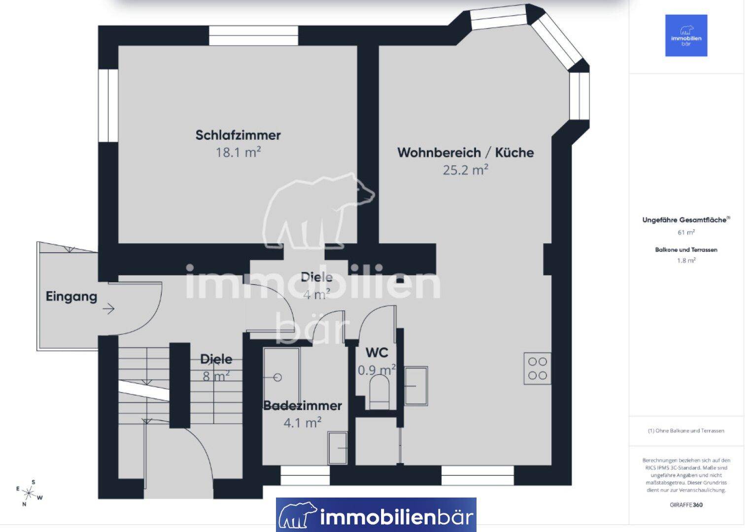 Grundriss einer Etage mit Schlafzimmer, Wohnbereich/Küche, Bad und WC.