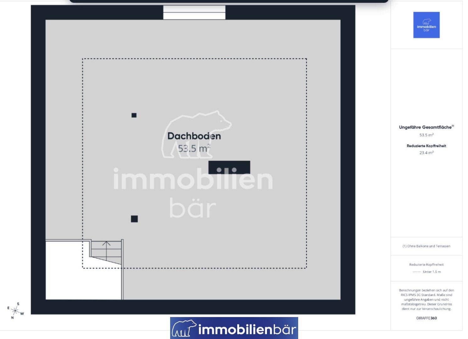 Grundriss des Dachbodens mit einer Gesamtfläche von 53.5 m².