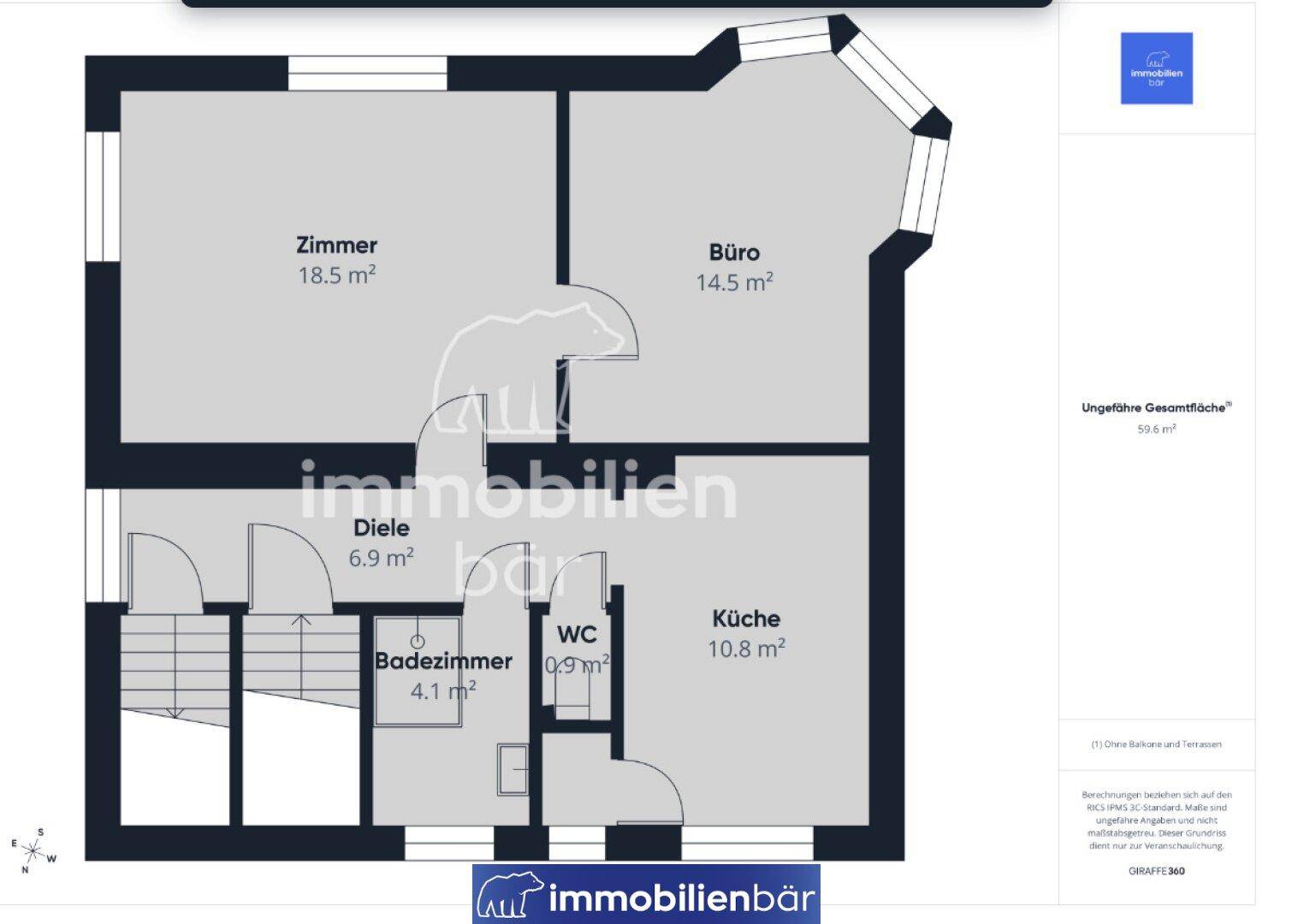 Grundriss einer Etage mit Zimmer, Büro, Küche, Bad und WC.