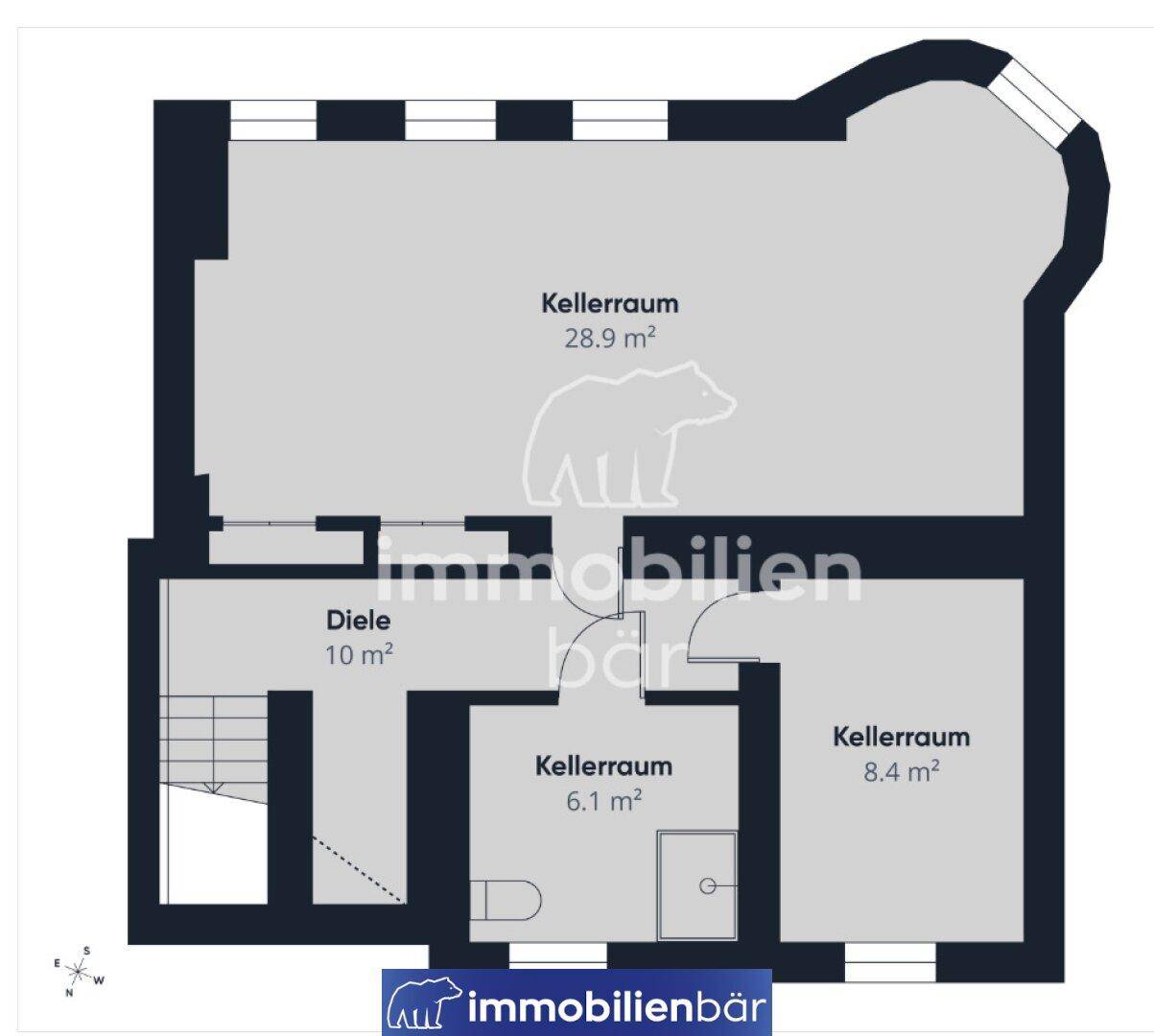 Grundriss des Kellergeschosses mit mehreren Kellerräumen und Diele.