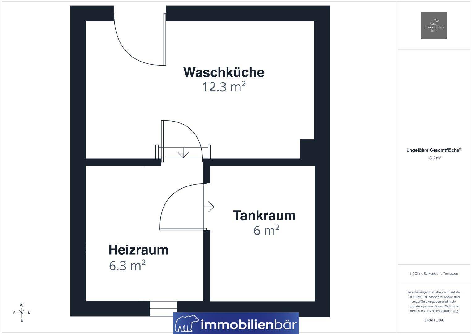 Grundriss des Nebengebäudes mit Waschküche, Heizraum und Tankraum.
