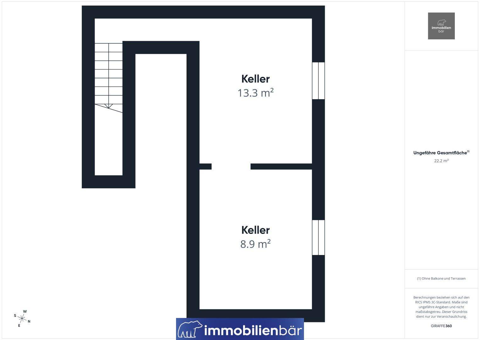 Grundriss des Kellers mit zwei Kellerräumen und Treppenaufgang.