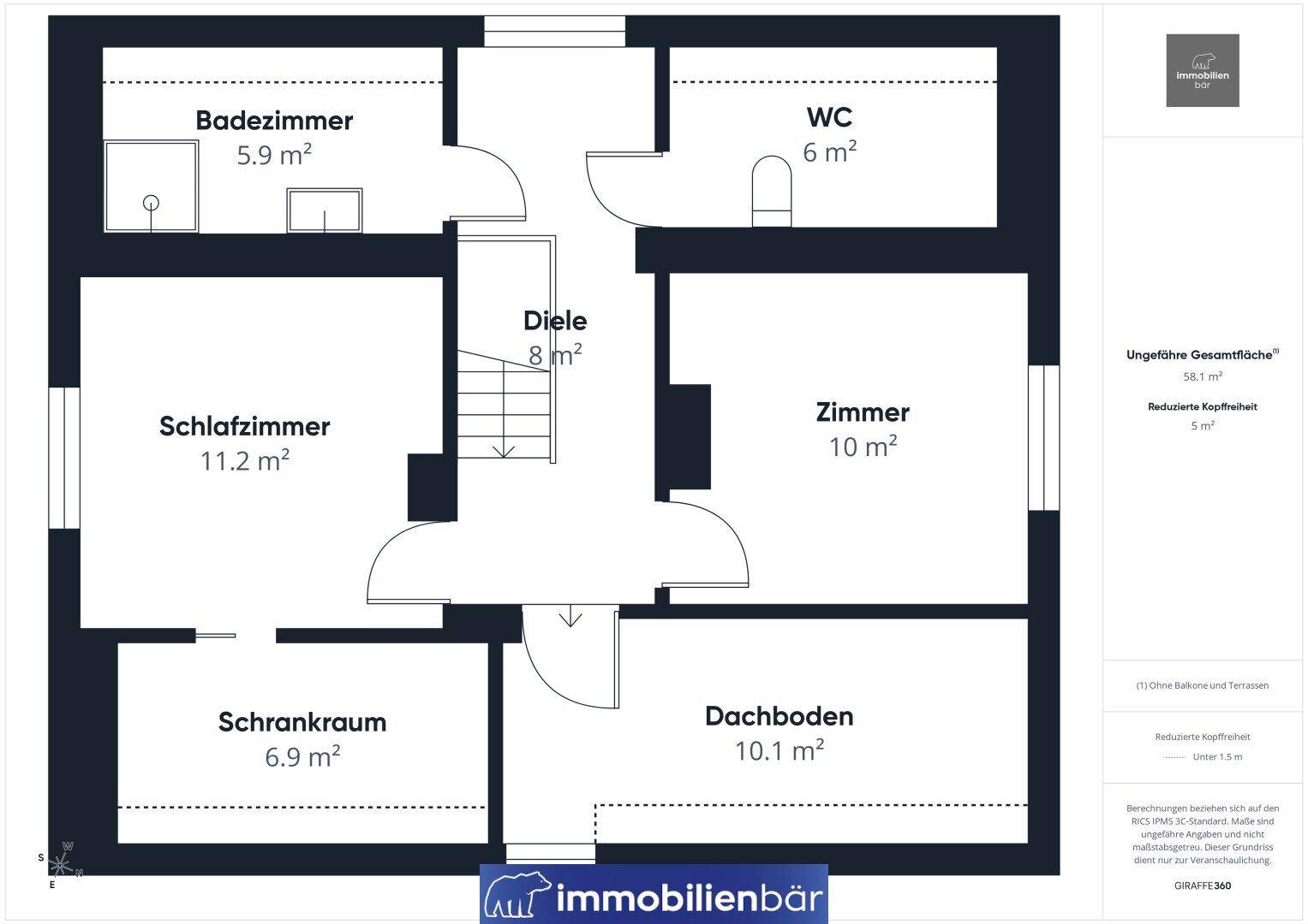 Grundriss des Obergeschosses mit Schlafzimmer, Badezimmer, WC und Abstellraum.