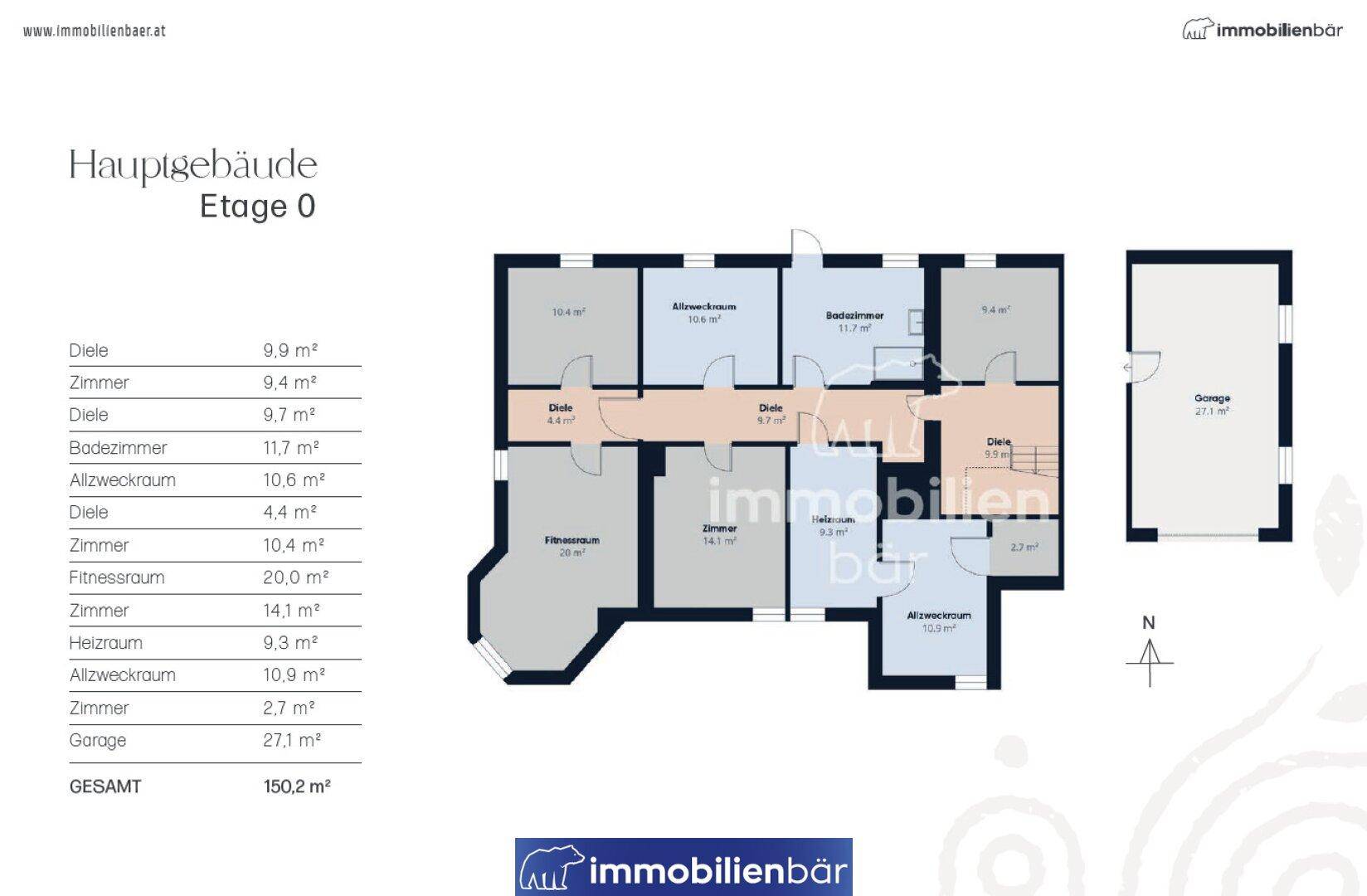 Grundriss des Erdgeschosses des Hauptgebäudes mit verschiedenen Räumen und Garage.