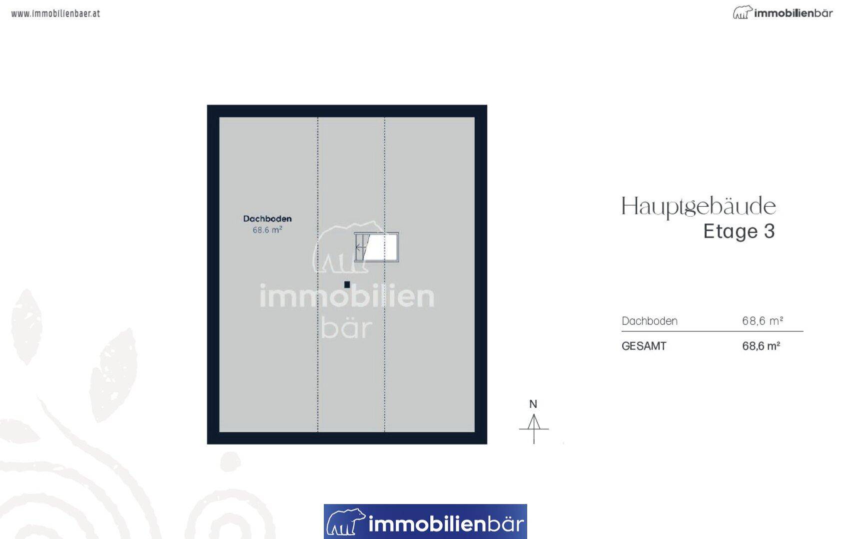 Grundriss des Dachbodens des Hauptgebäudes, als Lagerfläche nutzbar.