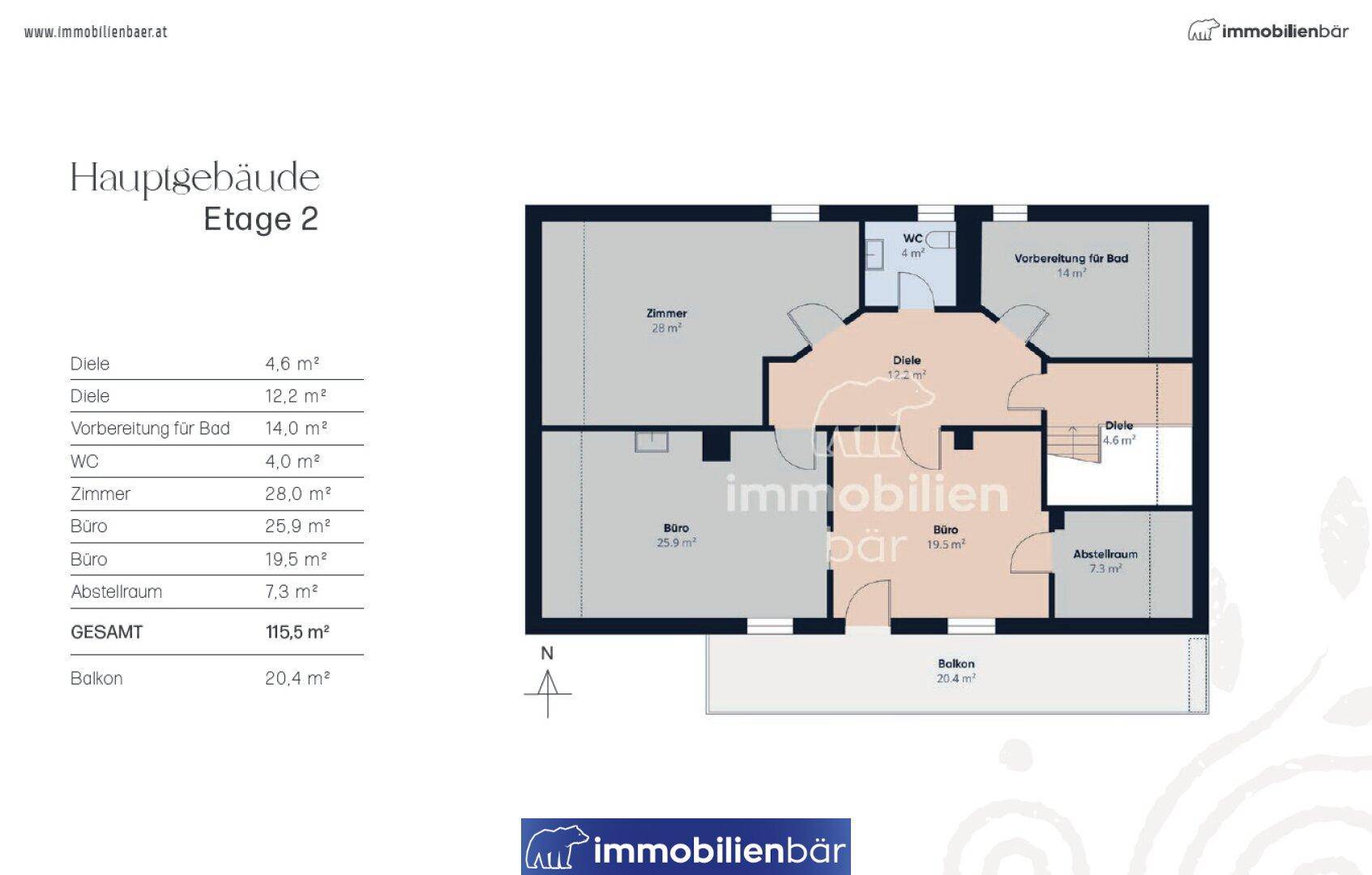 Grundriss des zweiten Obergeschosses des Hauptgebäudes mit Büros und einem Balkon.