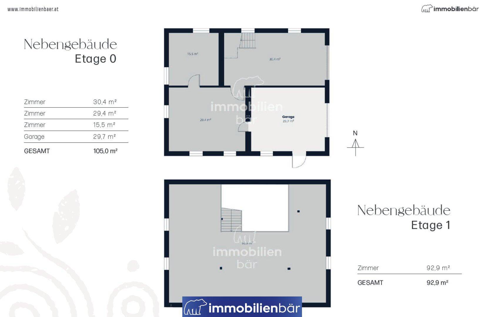 Grundriss des Nebengebäudes mit Erdgeschoss und Obergeschoss, inklusive Garage.