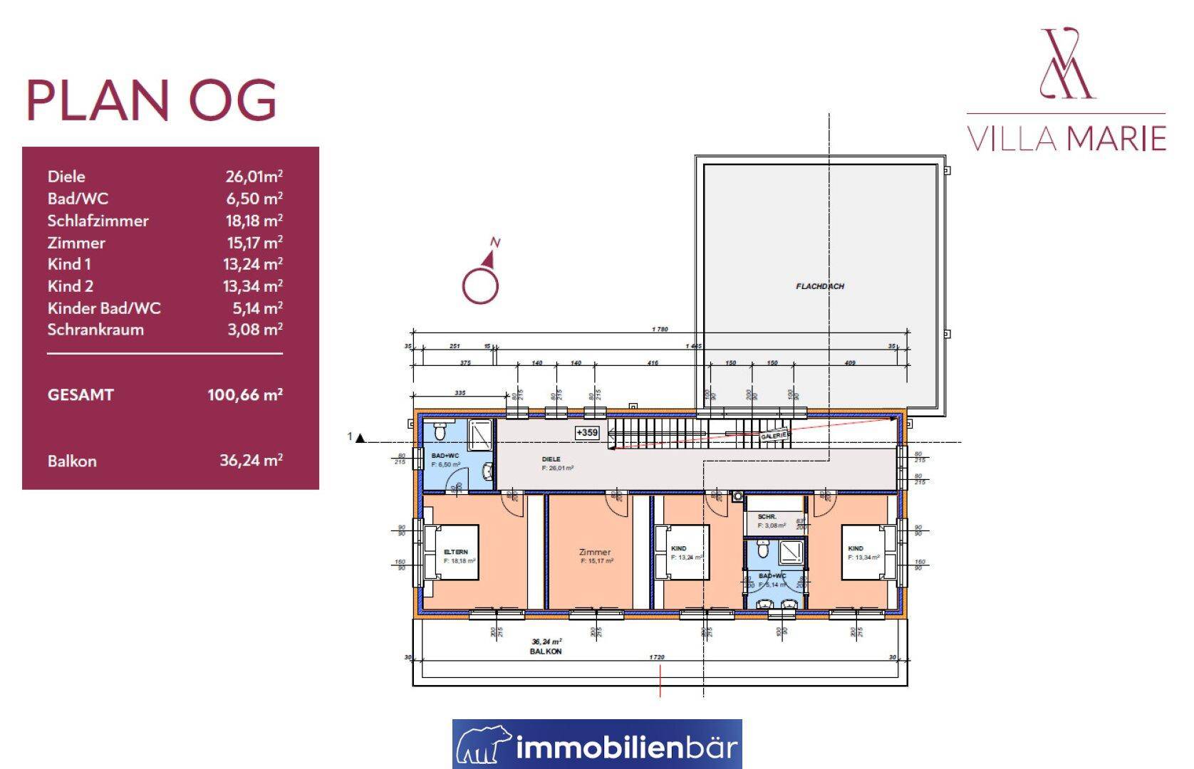 Grundriss des Obergeschosses mit mehreren Schlafzimmern, Bädern und einem großen Balkon.
