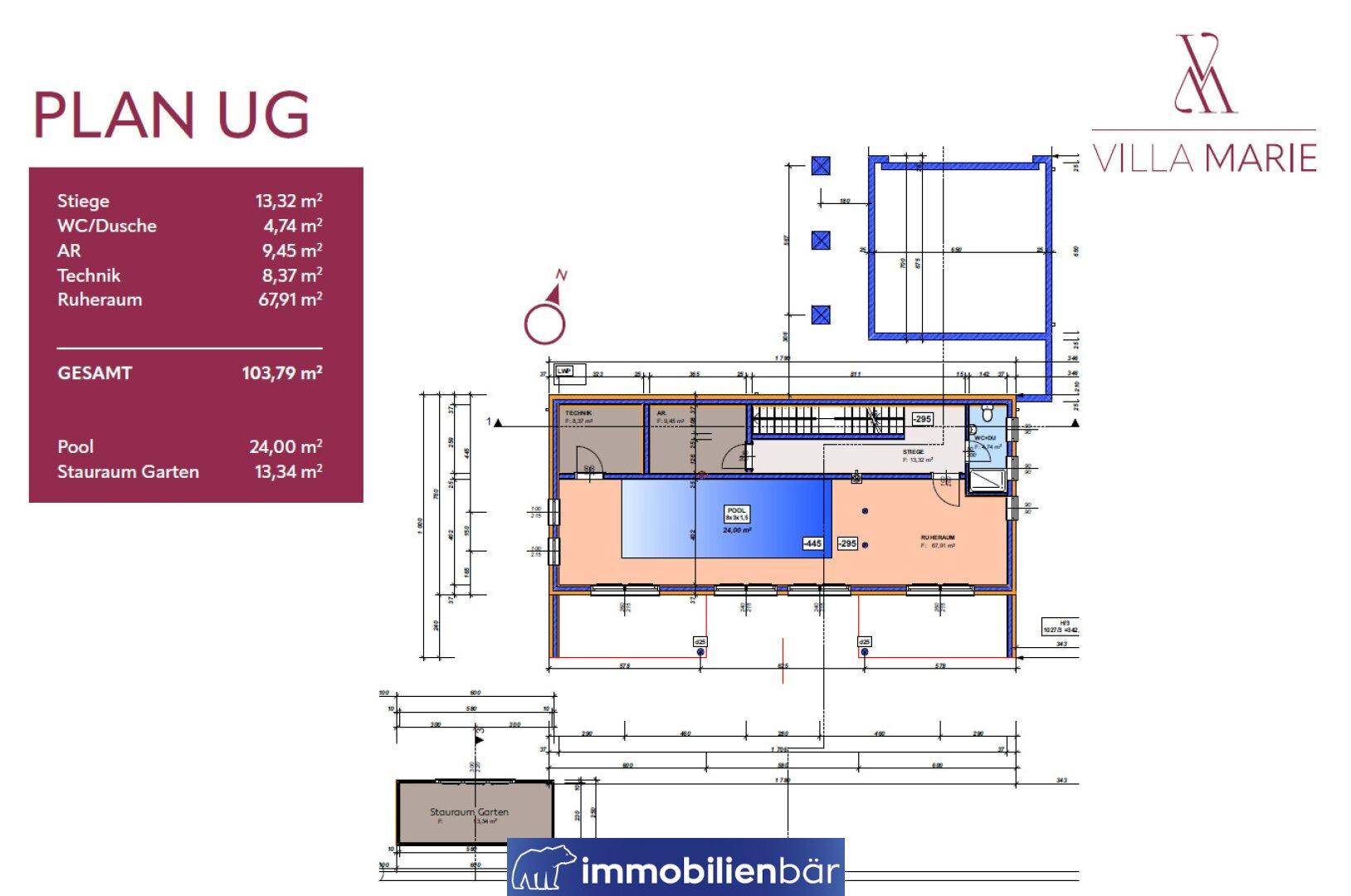 Grundriss des Untergeschosses mit Technikraum, Ruheraum und einem Poolbereich.