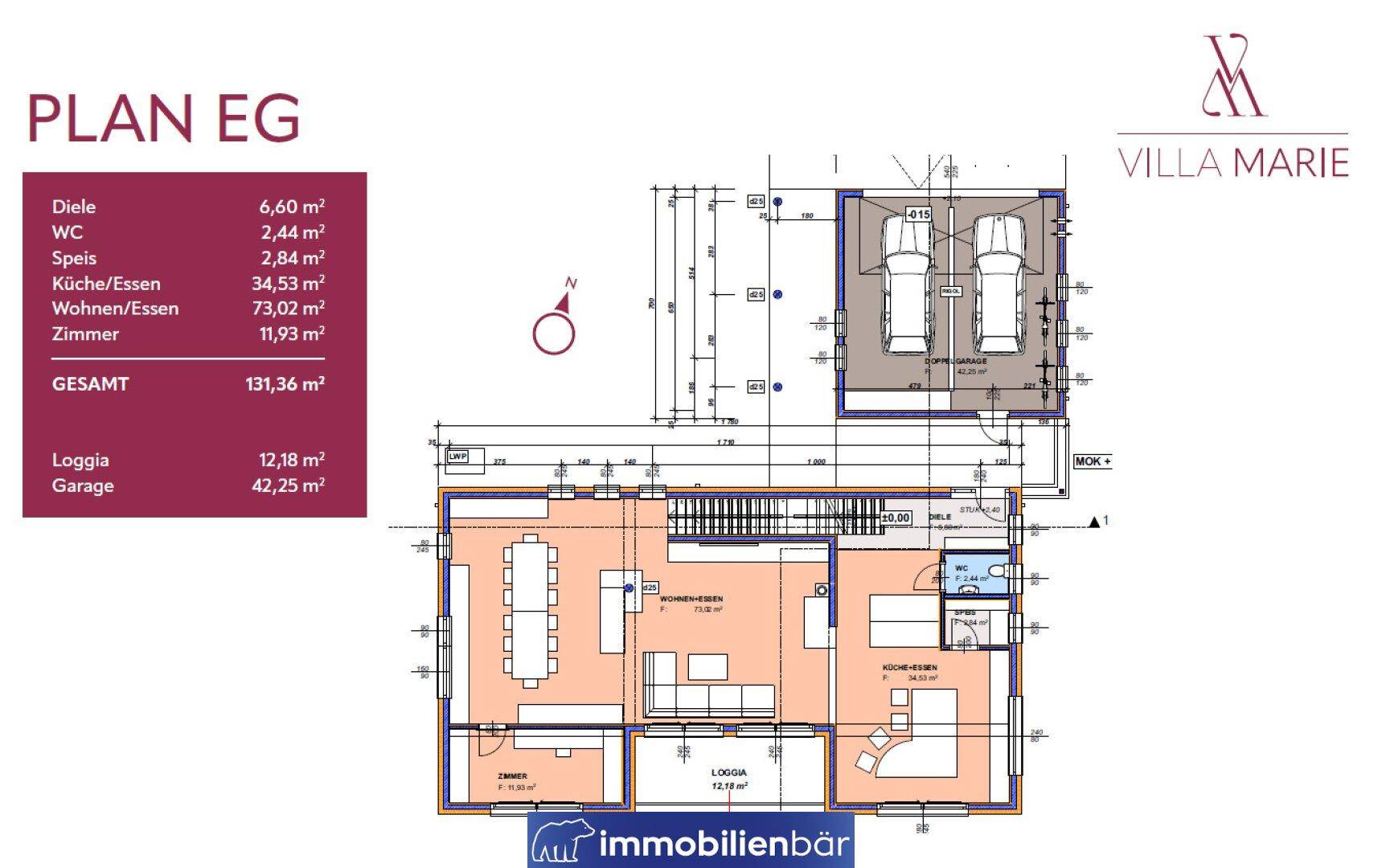 Grundriss des Erdgeschosses mit offenem Wohn-Essbereich, Küche und Garage.