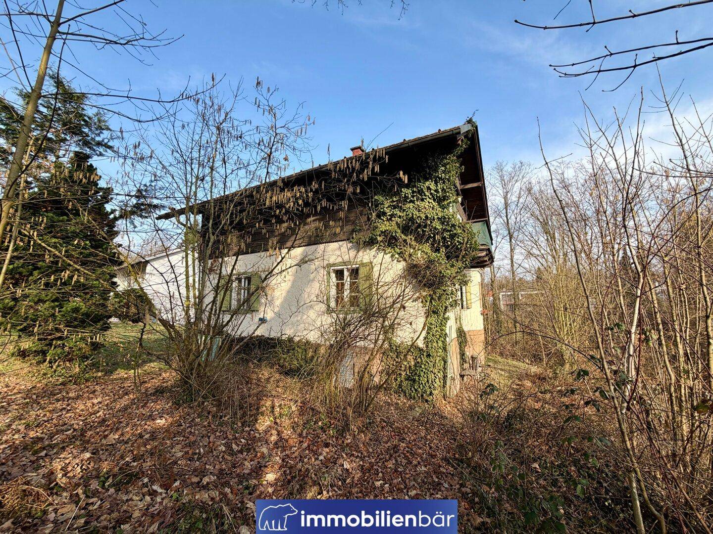 Traditionelles Haus mit Efeu bewachsenen Wänden, umgeben von kahlen Bäumen und Sträuchern.