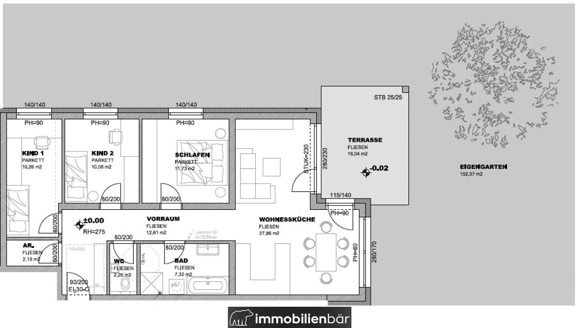 Grundriss einer Wohnung mit drei Schlafzimmern, Wohnküche, Terrasse und Garten.