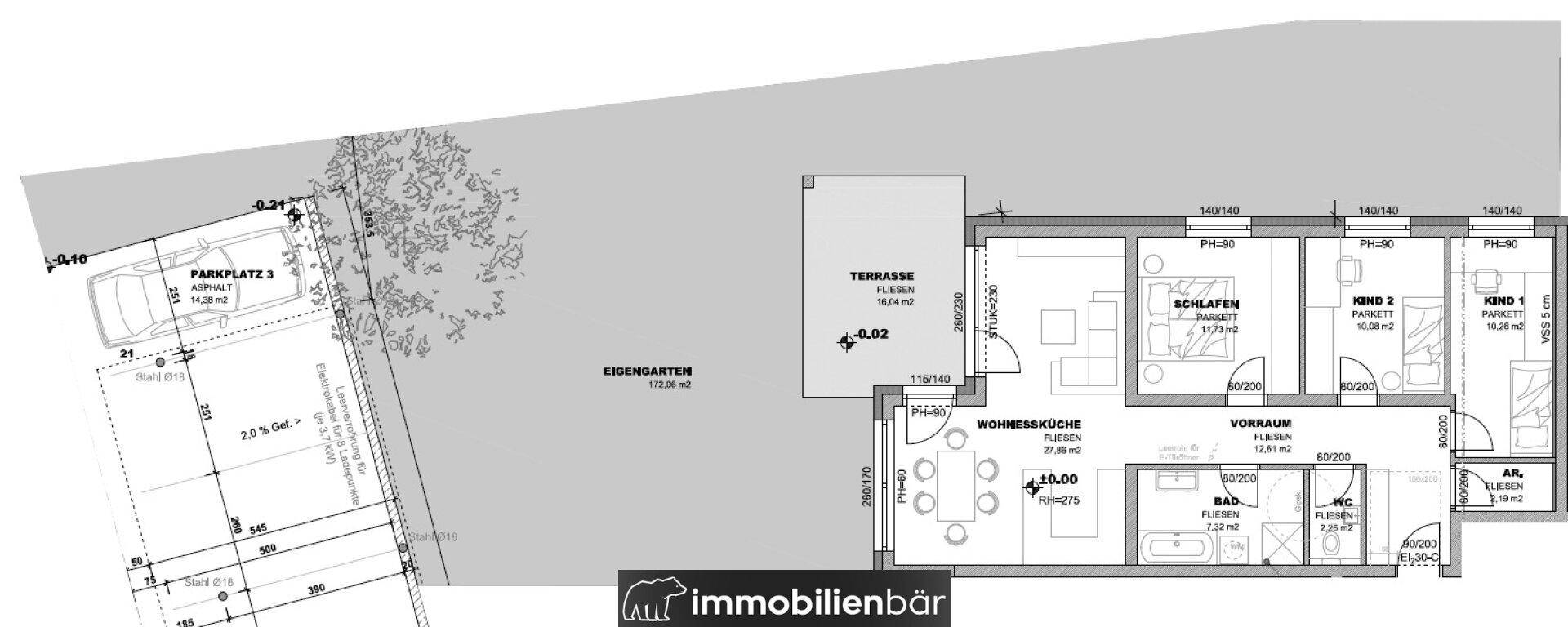 Grundrissplan einer Wohnung mit drei Schlafzimmern, Terrasse und eigenem Garten.