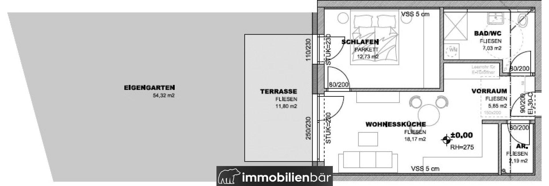Grundriss einer Wohnung mit Schlafzimmer, offener Wohnküche, Bad und Zugang zu Terrasse und Garten.
