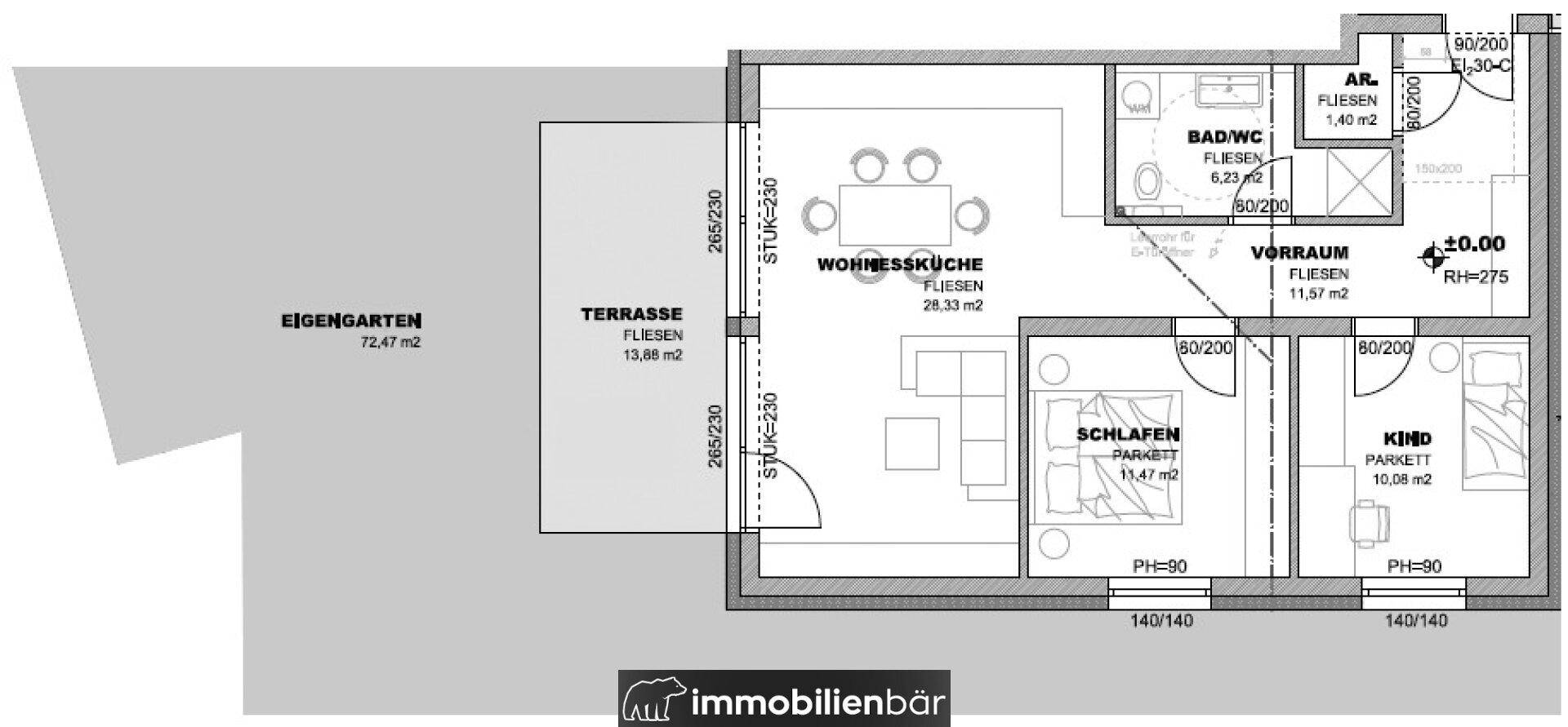 Grundriss einer Wohneinheit mit Wohnküche, zwei Schlafzimmern, Bad, Terrasse und Garten.