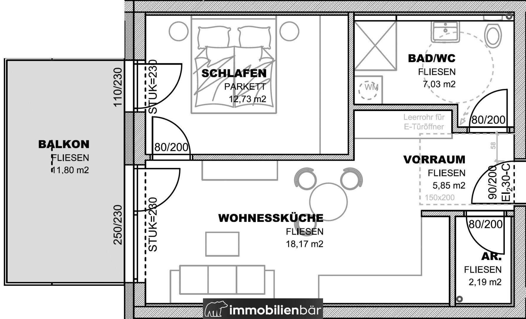 Grundriss einer Wohnung mit offener Wohnküche, Schlafzimmer, Bad und Balkon.