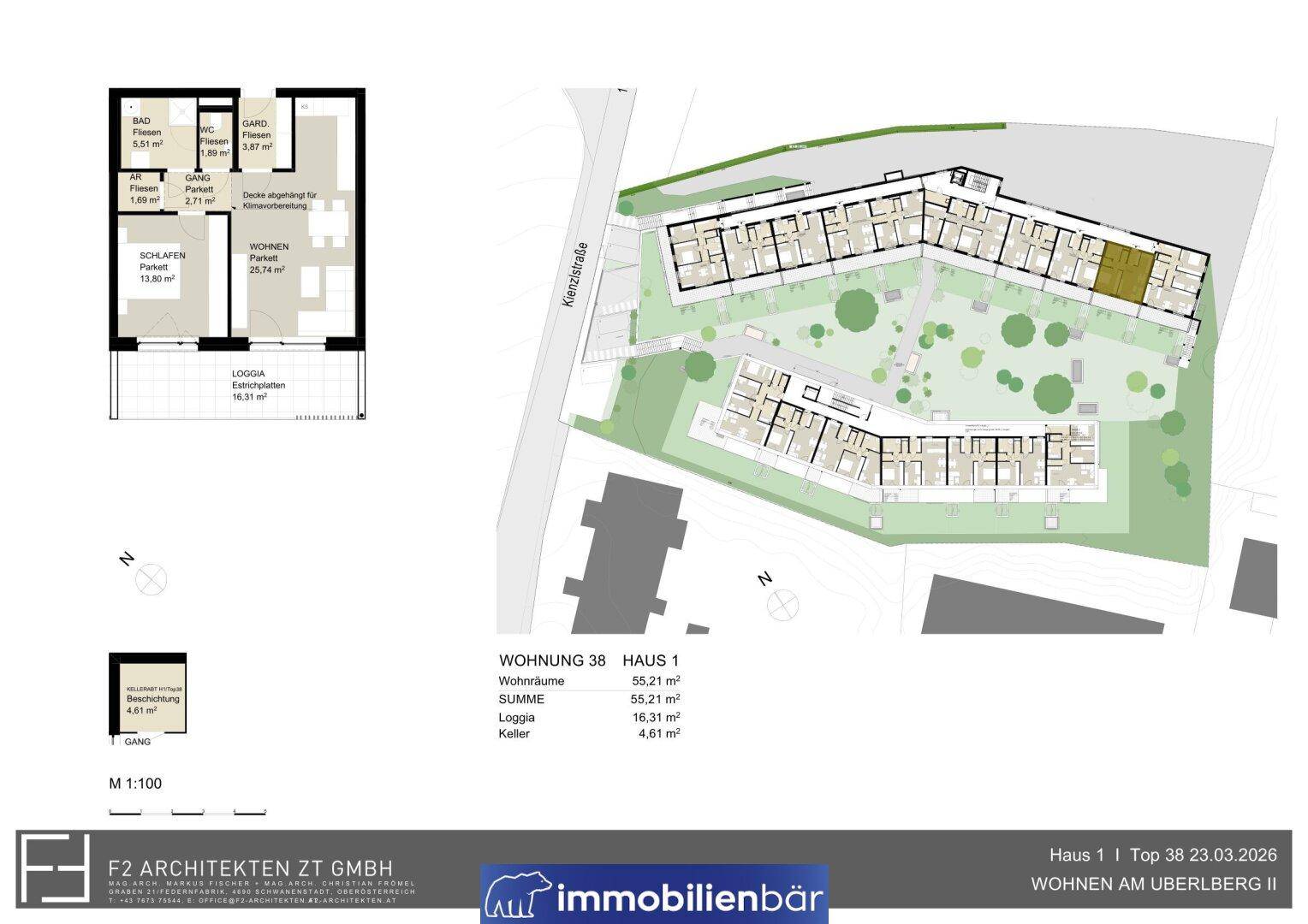 Grundrissplan einer Wohnung mit Loggia, Bad und separatem WC, eingebettet in eine größere Wohnanlage mit Grünflächen.