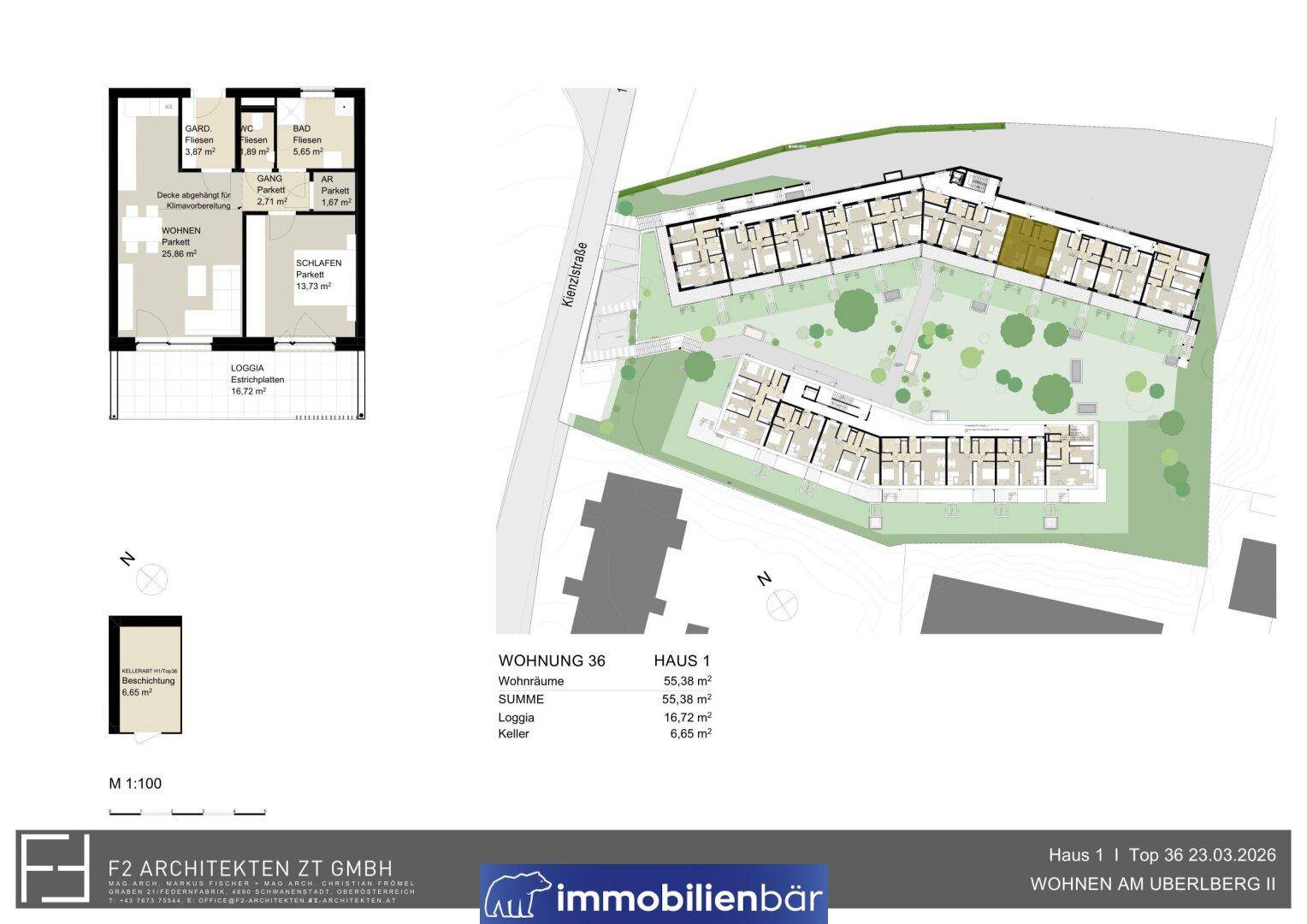 Grundriss einer Wohnung mit Loggia, separatem WC und Bad sowie Gesamtübersicht der Anlage.