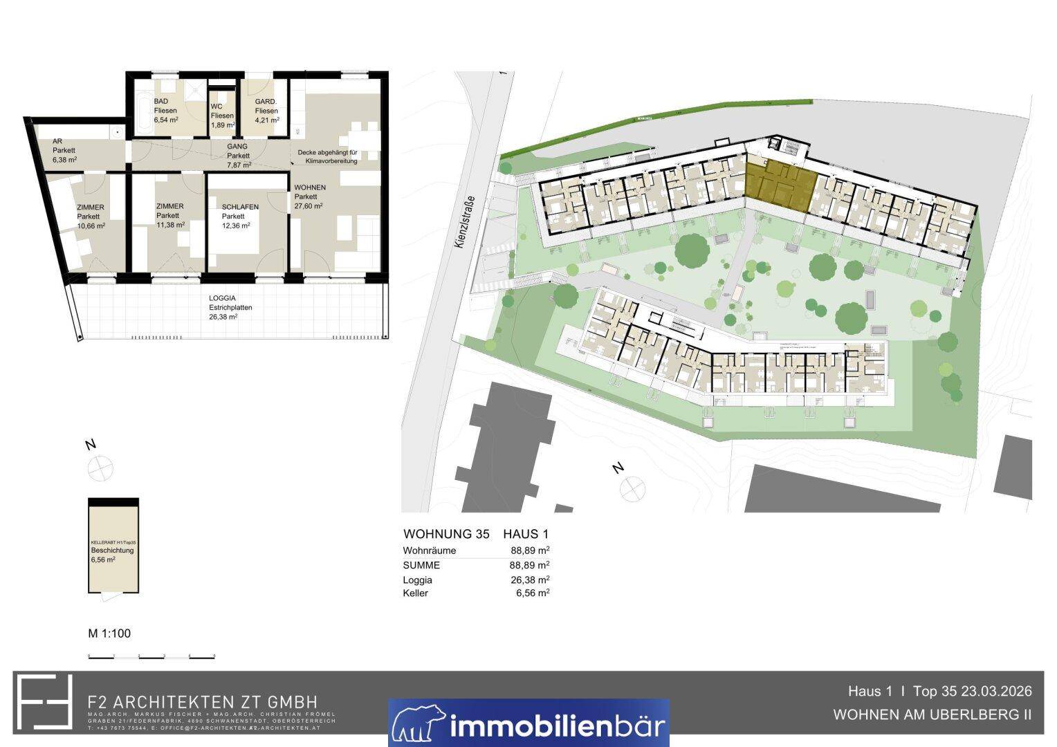 Grundriss der Wohnung 35 mit mehreren Zimmern, Bad, WC und einer großen Loggia, ergänzt durch einen Lageplan der Wohnanlage.