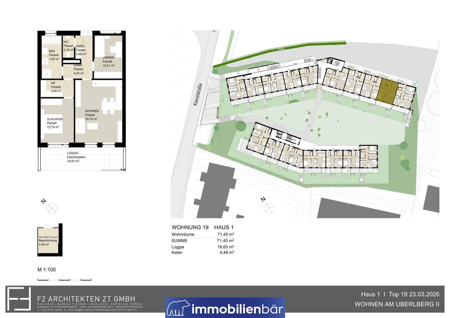 Grundriss einer Wohnung mit Schlafzimmer, Wohnbereich, Bad, separatem WC und Loggia.