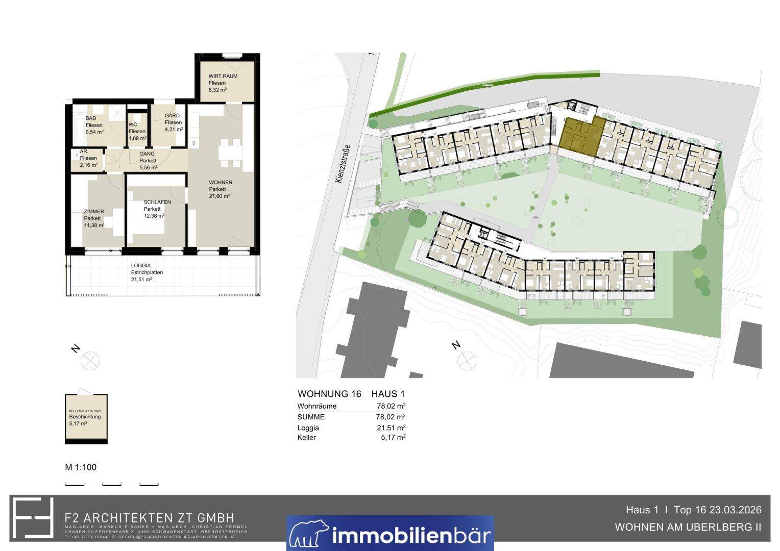 Grundriss einer Wohnung mit zwei Schlafzimmern, Bad, separatem WC und Loggia, ergänzt durch einen Lageplan.